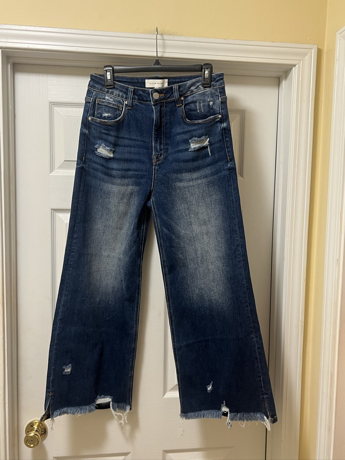 Risen Jeans Womens High Rise Wide Leg Cropped Distressed Raw Hem Denim 30