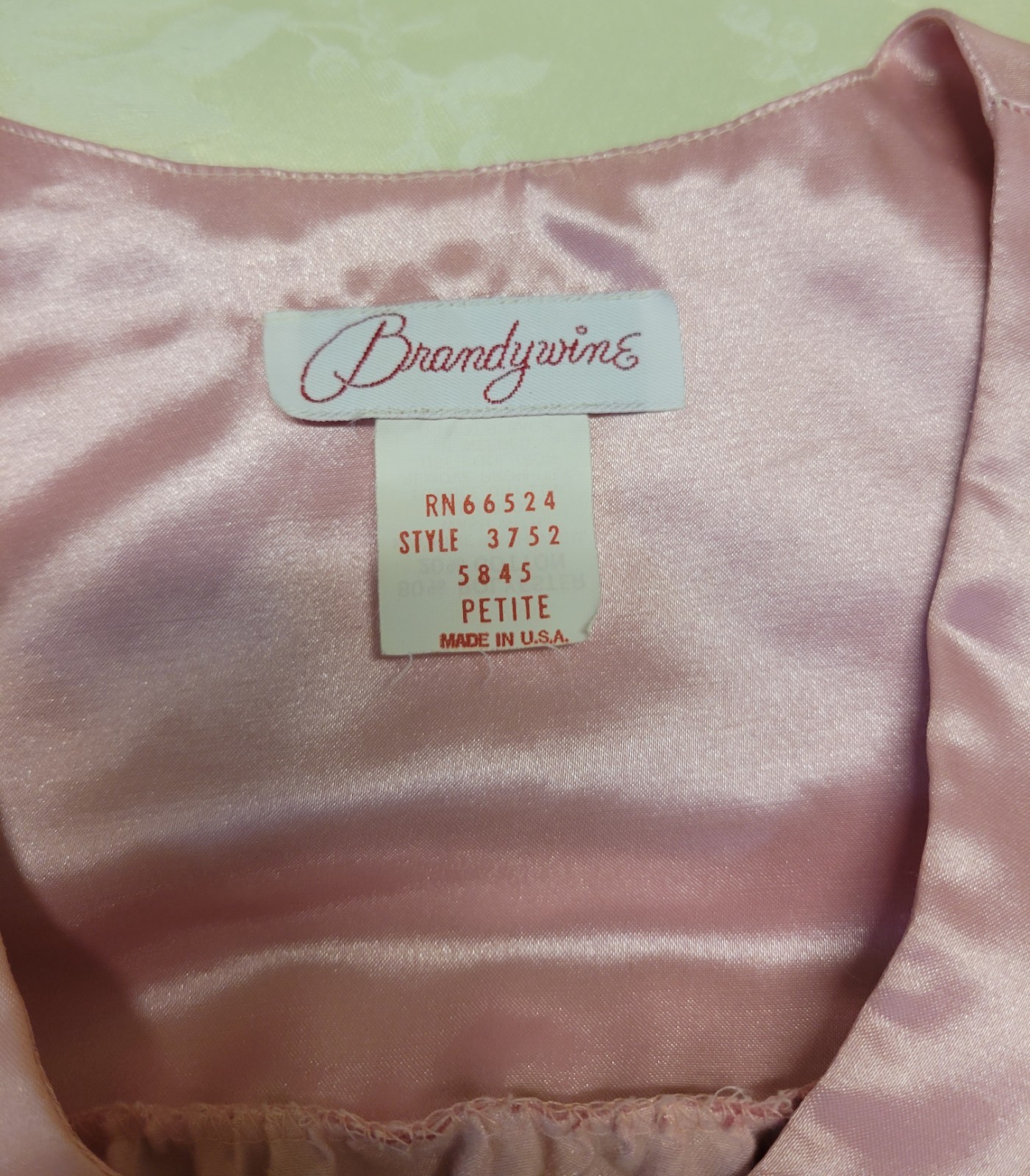 Vintage Brandywine Pink Satin Nightgown Lace Trim Petite USA Long Lingerie 70s