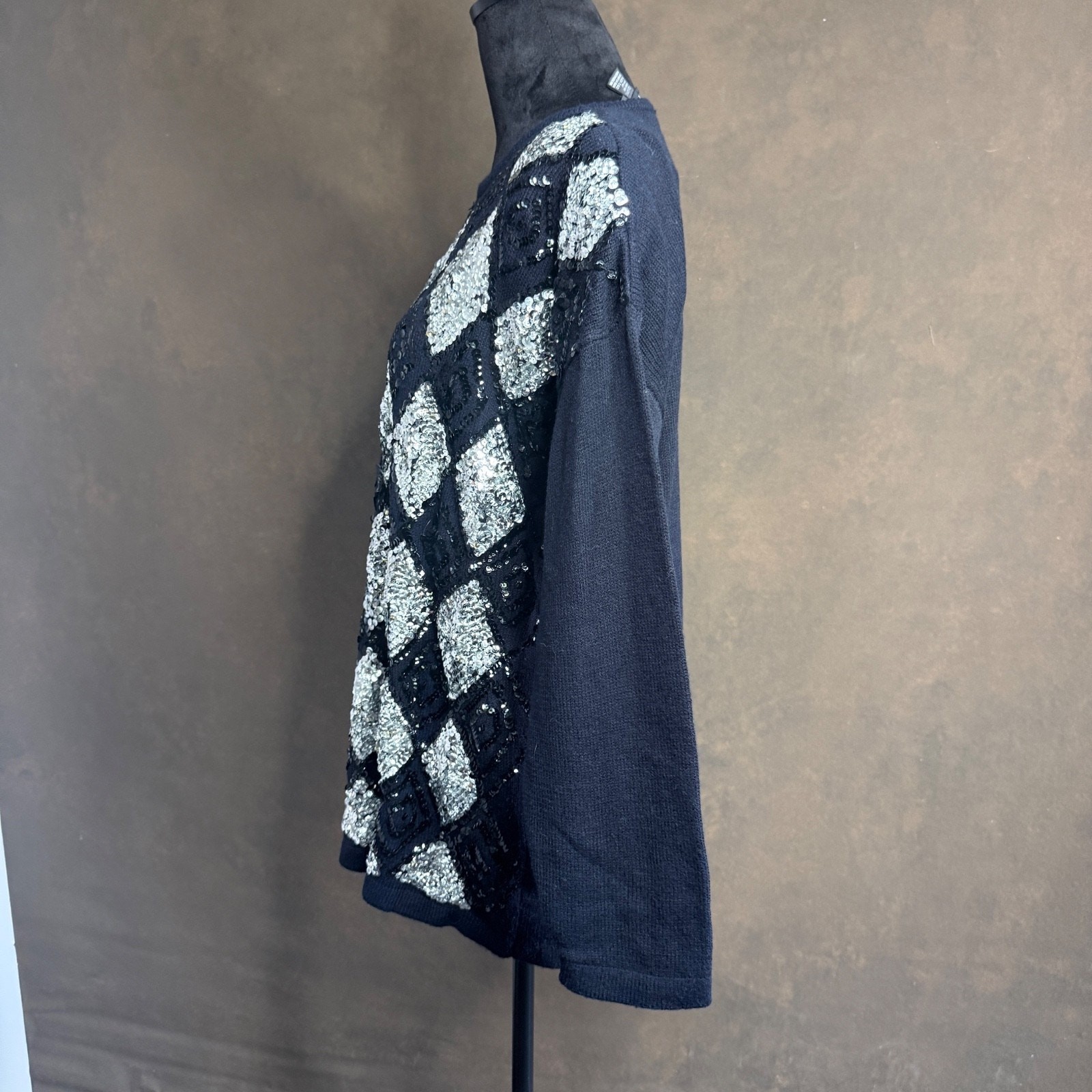 Vintage Contessa by Joyce Sequin Beaded Sweater Black Silver Argyle 1X Acrylic