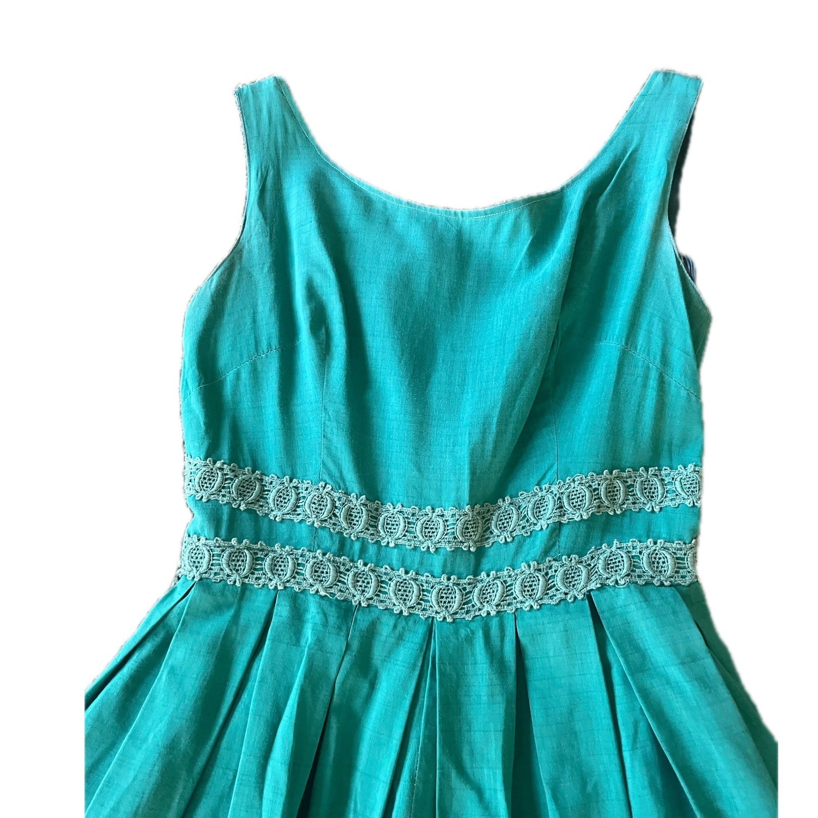 Vintage Teal Blue Pleated Fit Flare Dress Lace Waist Trim MCM 50s 60s Size S