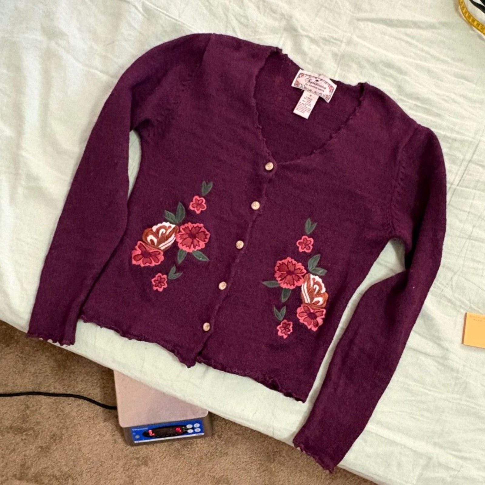 Wool and Cotton Embroidered Flower Cardigan Vtg Small