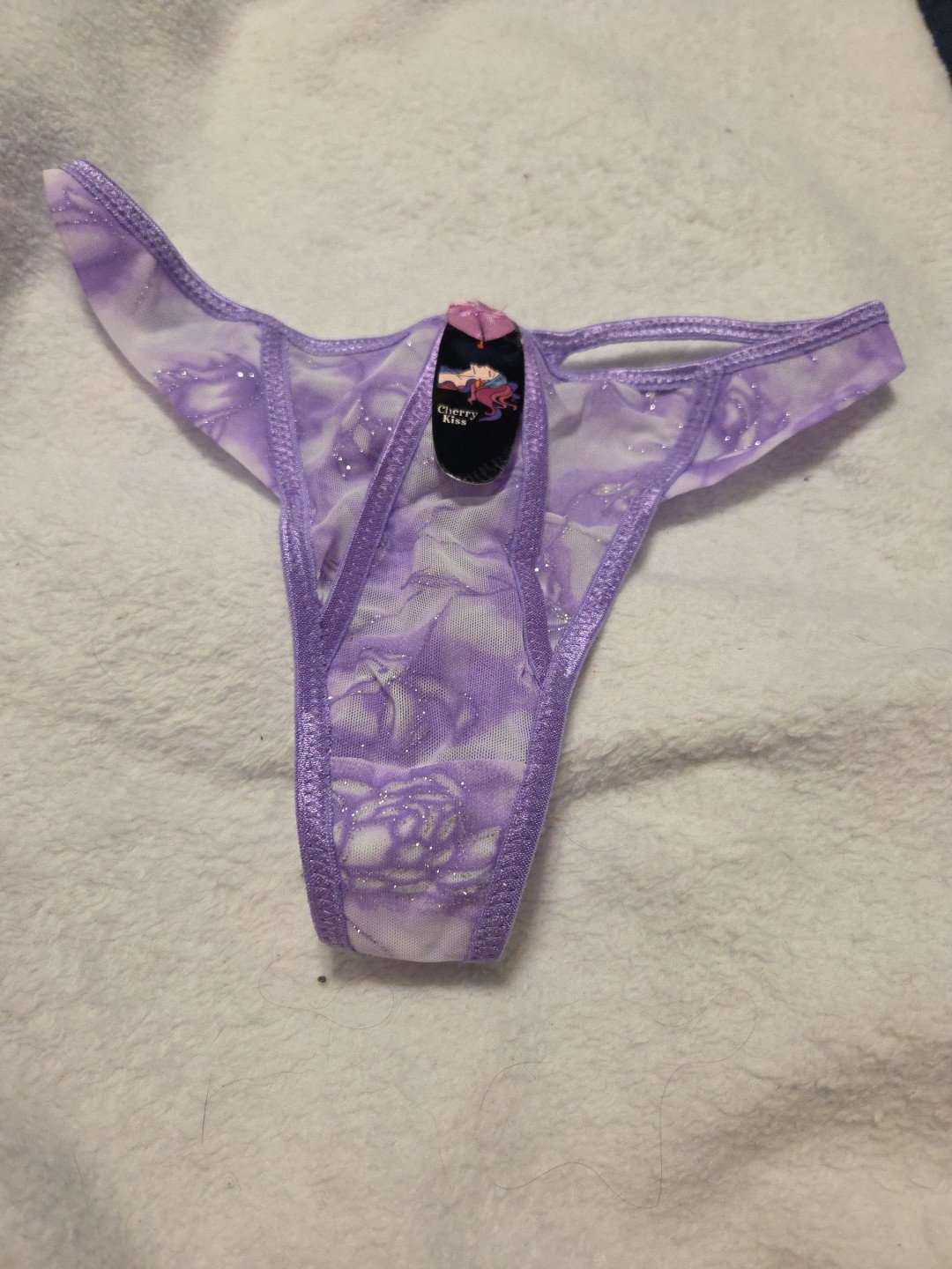 NWT Vintage Lavender Shine Sheer Cherry Kiss Thong Size Medium 6 Panties