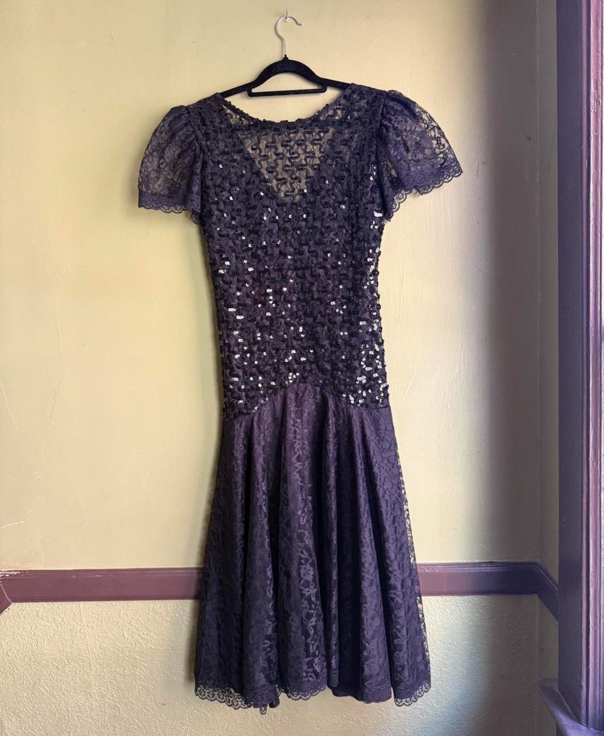 Vintage 80s Dress Sequined Tulle Lace Drop Waist Cocktail Party Dress S/M USA