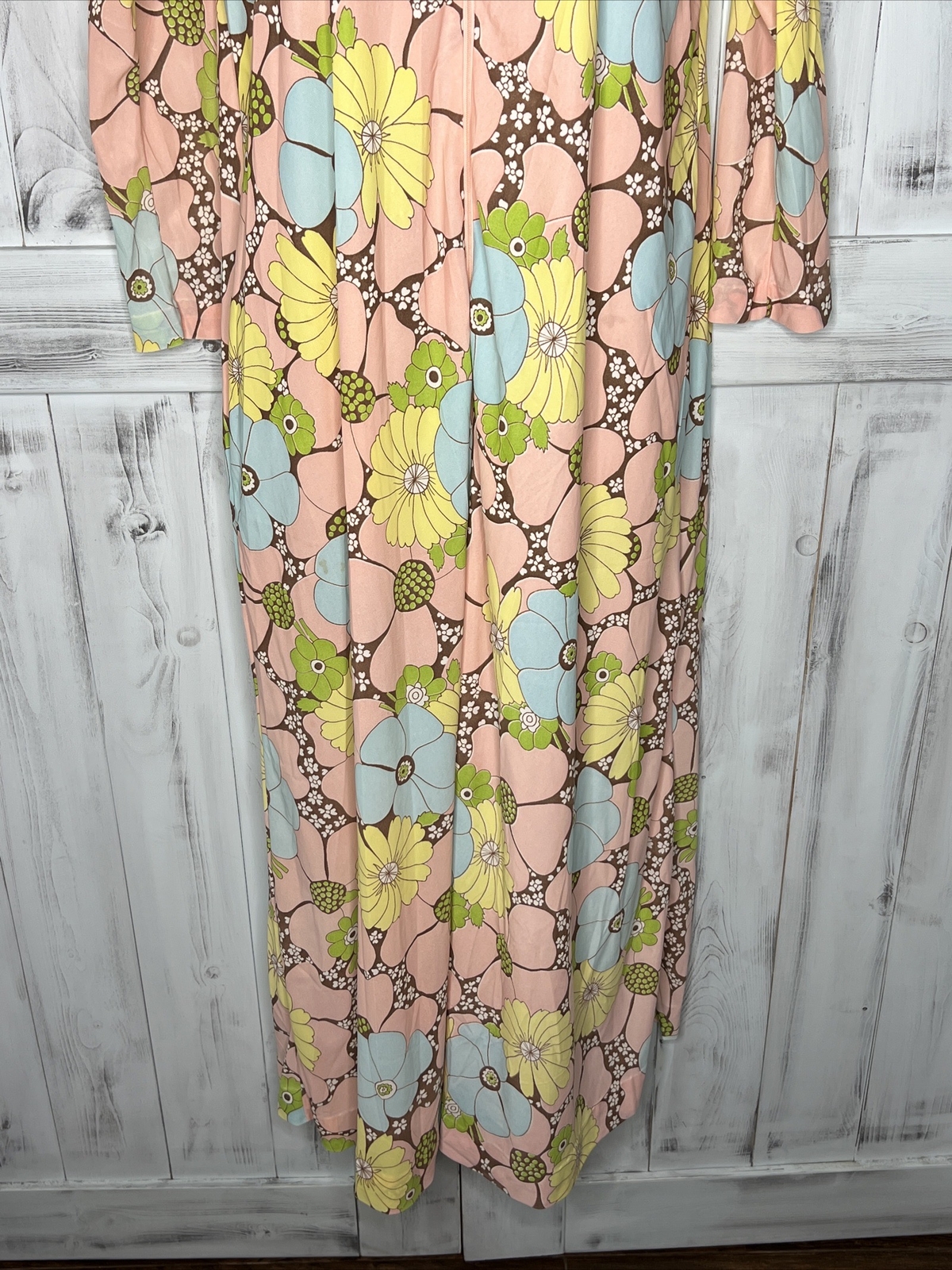 Vintage Leonora Retro Floral 100% Nylon Half Zip Robe Pocket Long Sleeve USA S