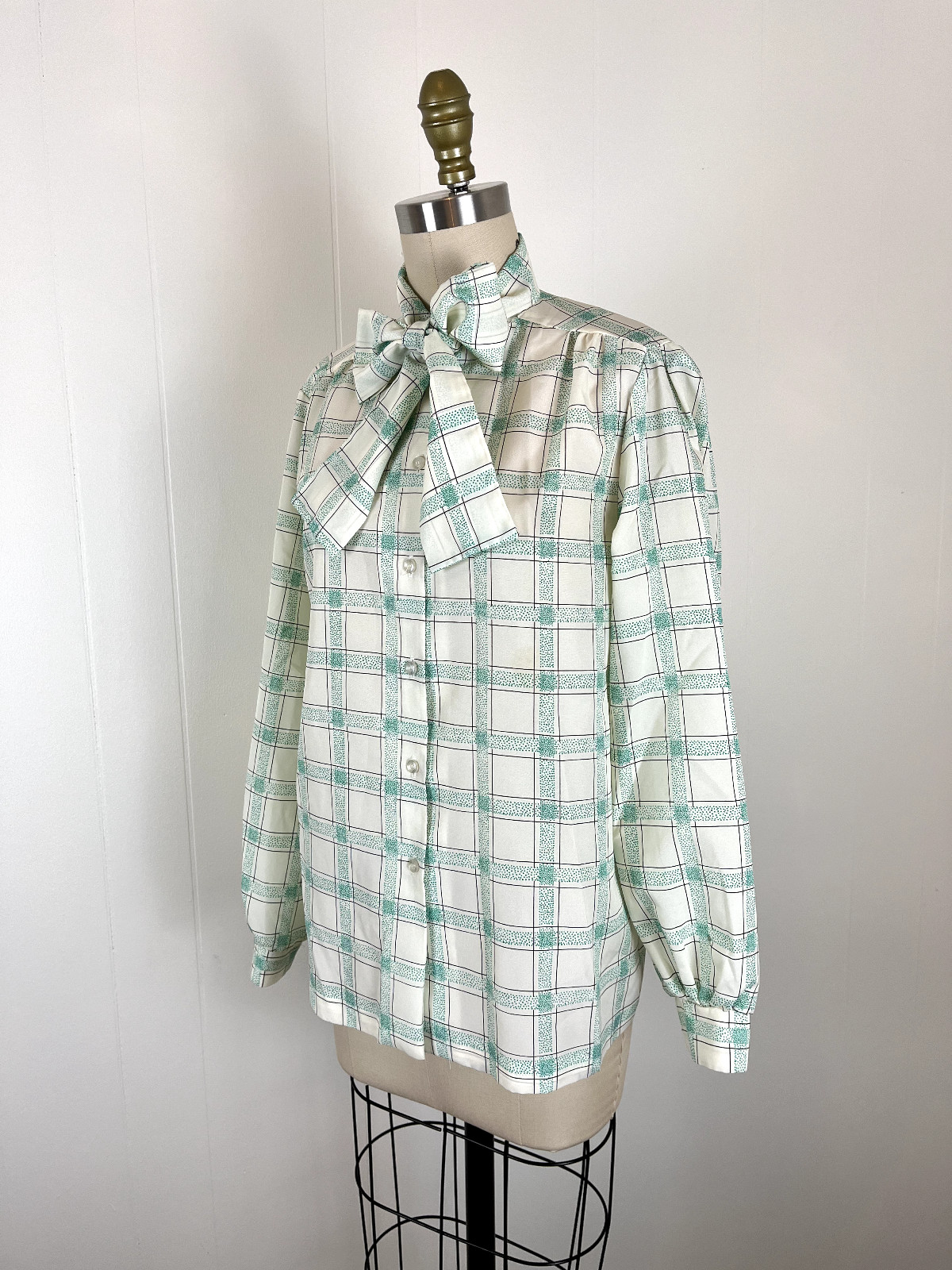Vintage Pussy Bow Blouse Secretary Geek Medium Made in USA Windowpane Plaid