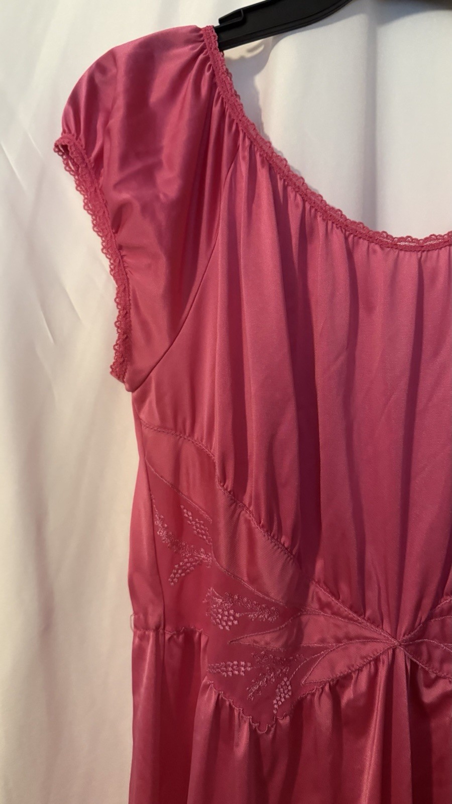 Vintage Shadowline Women’s Long Pink Nylon Nightgown Size S Short Cap Sleeve