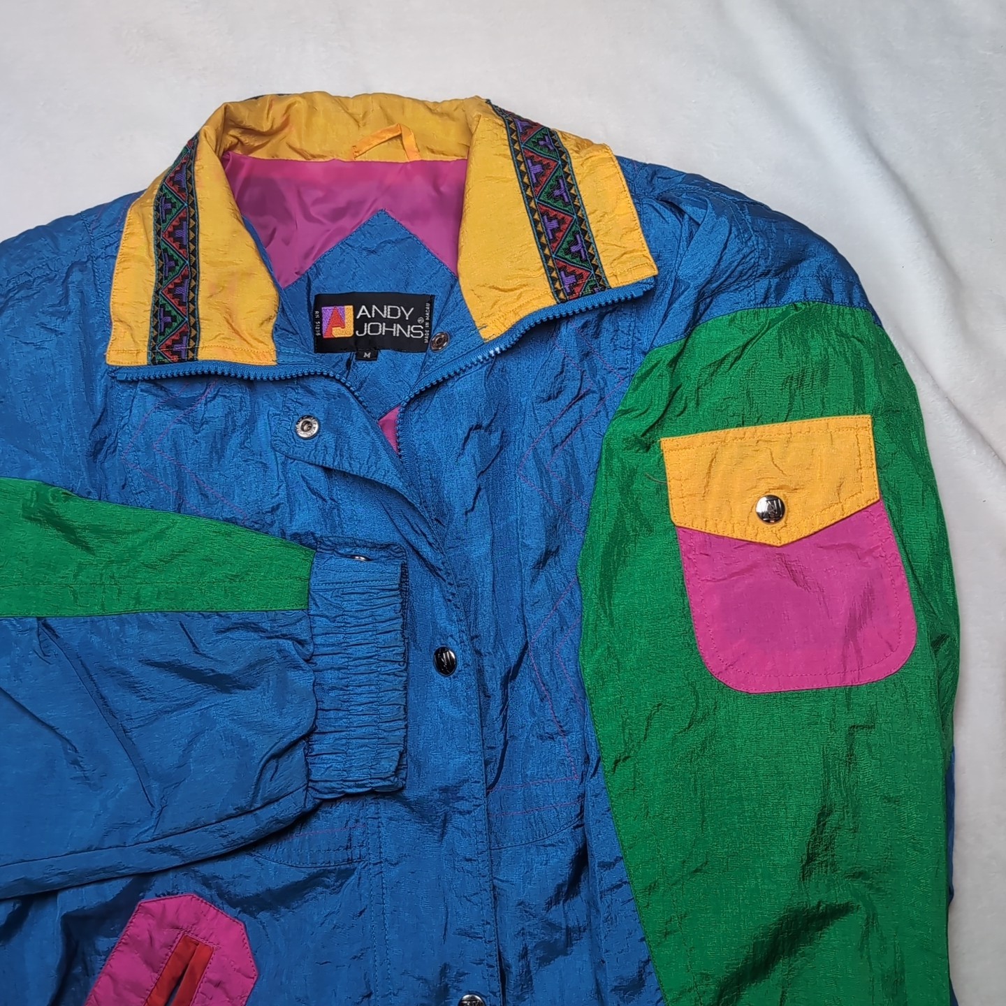 Vintage Andy Johns 90s Nylon Colorblock Jacket Anorak Sz M W/ Shoulder Pads