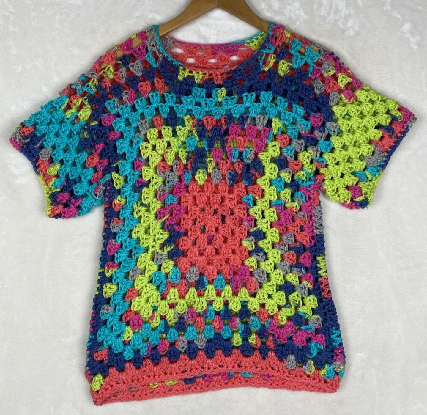 Vintage Hand Made Pullover Sweater Crochet Multicolor BOHO Granny Crop Hippie