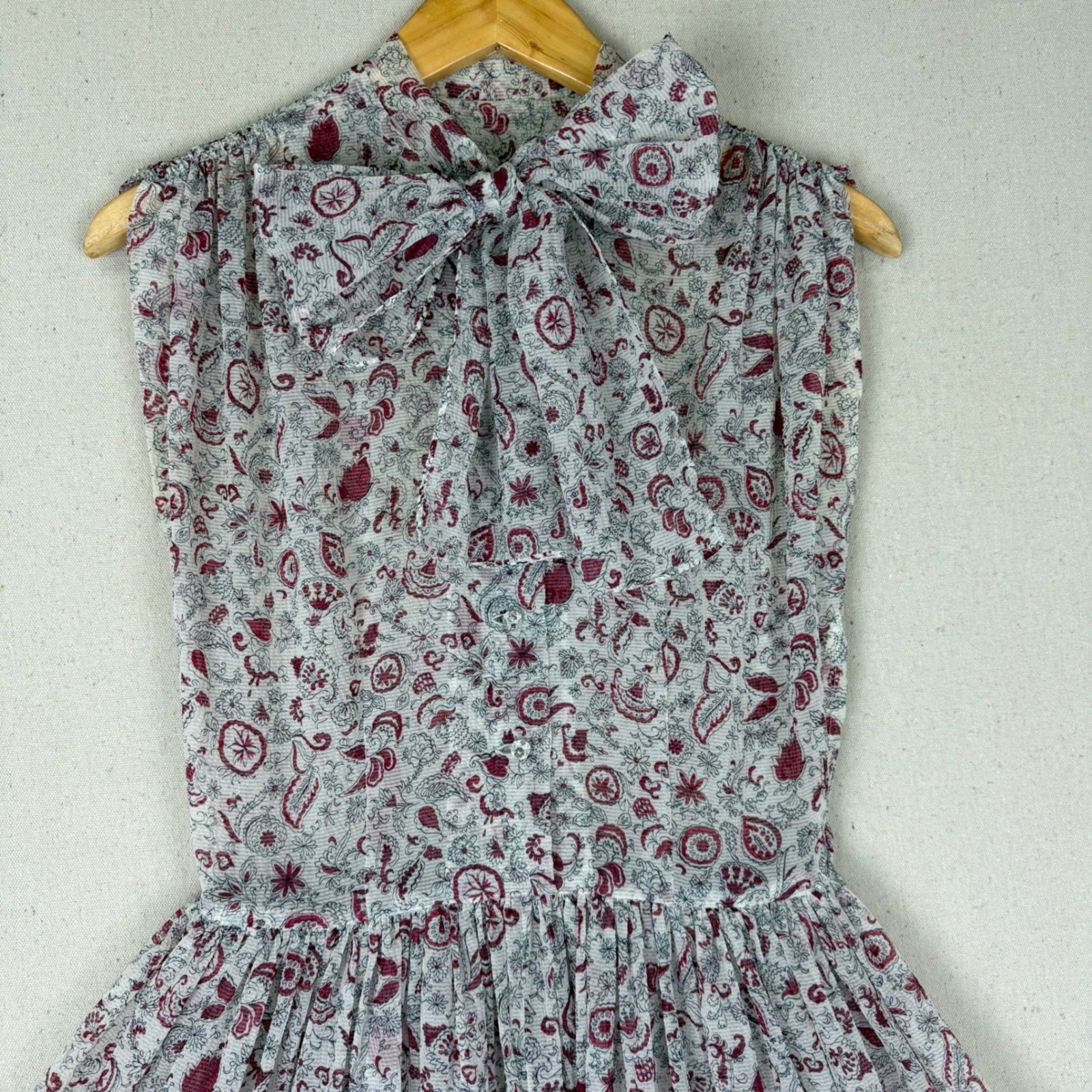 Vintage 1950s 60s Handmade Sheer Paisley Floral Bow Fit Flare Dress M VTG
