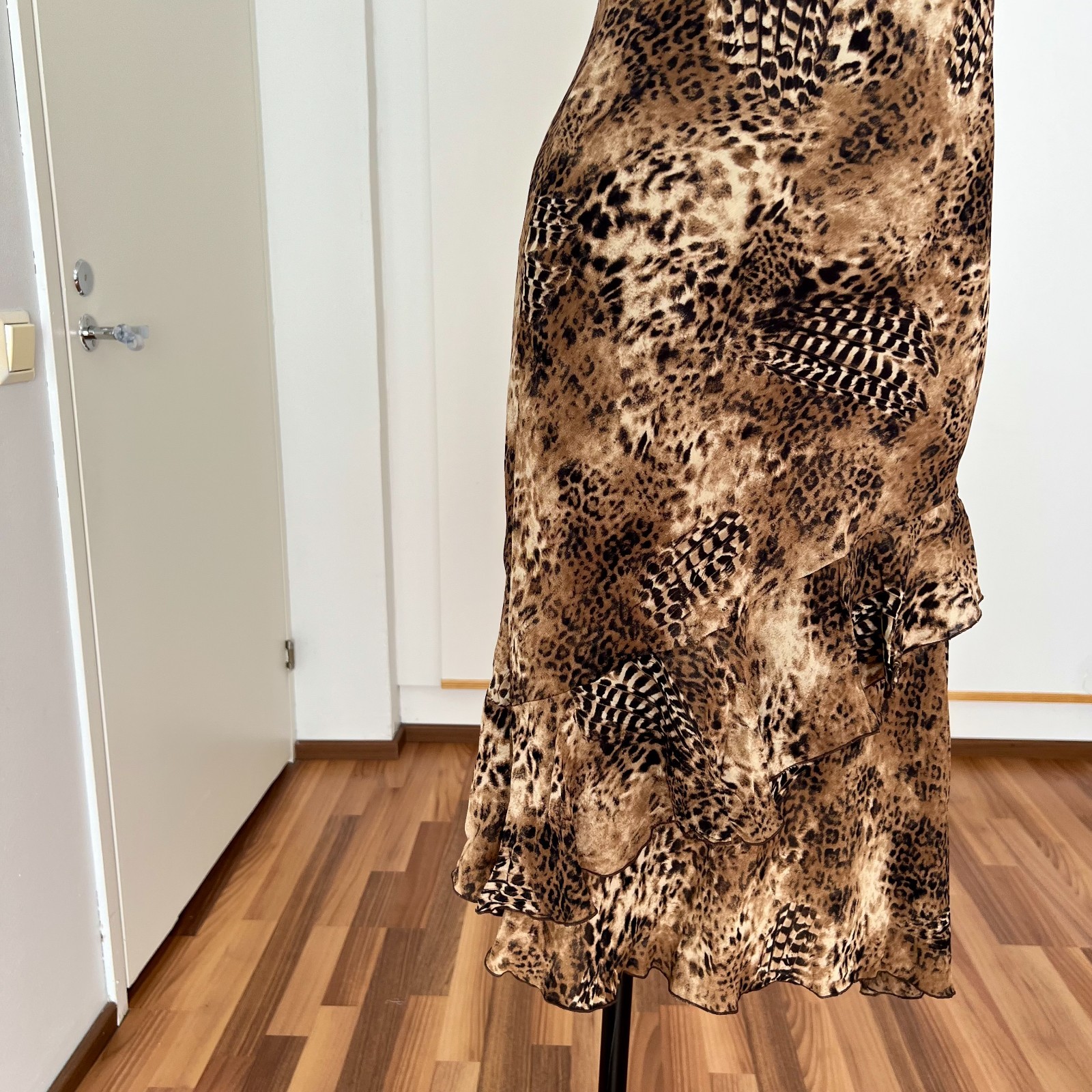 90s Leopard Print Midi Slip Dress Asymmetrical Hem Fairycore Bias Cut Slinky 44
