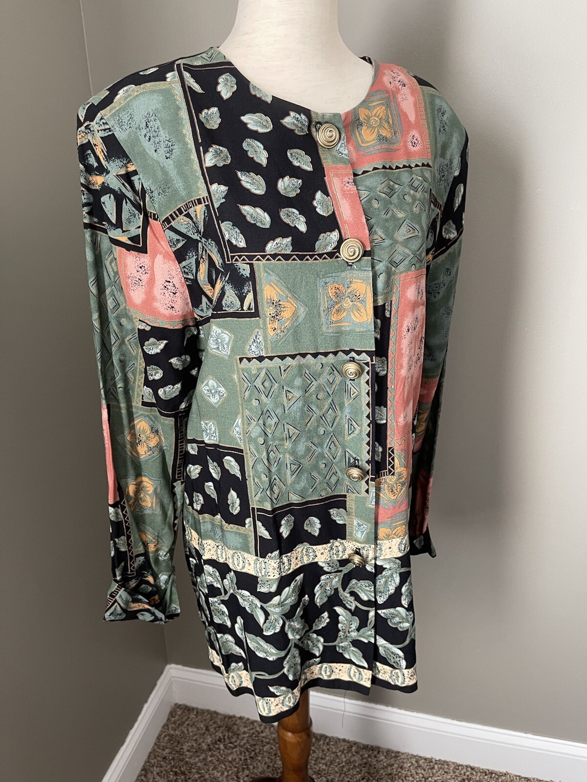 Vintage 80s 90s Shoulder Pad Patchwork Style Button Up Top Gold Spiral Buttons