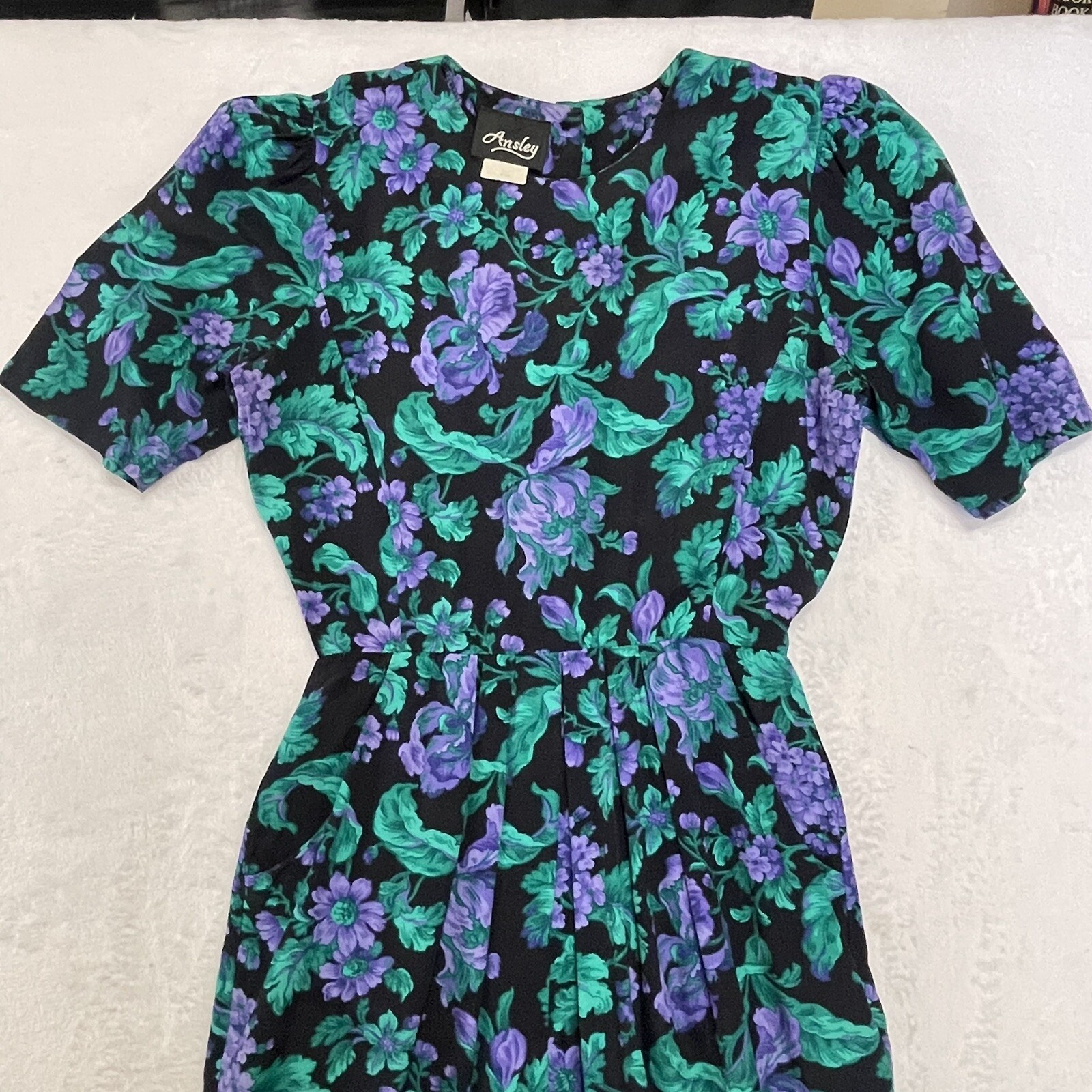 Vintage Ansley Midi Dress Black w/ Purple Flowers Pockets 80s 90s Made USA READ
