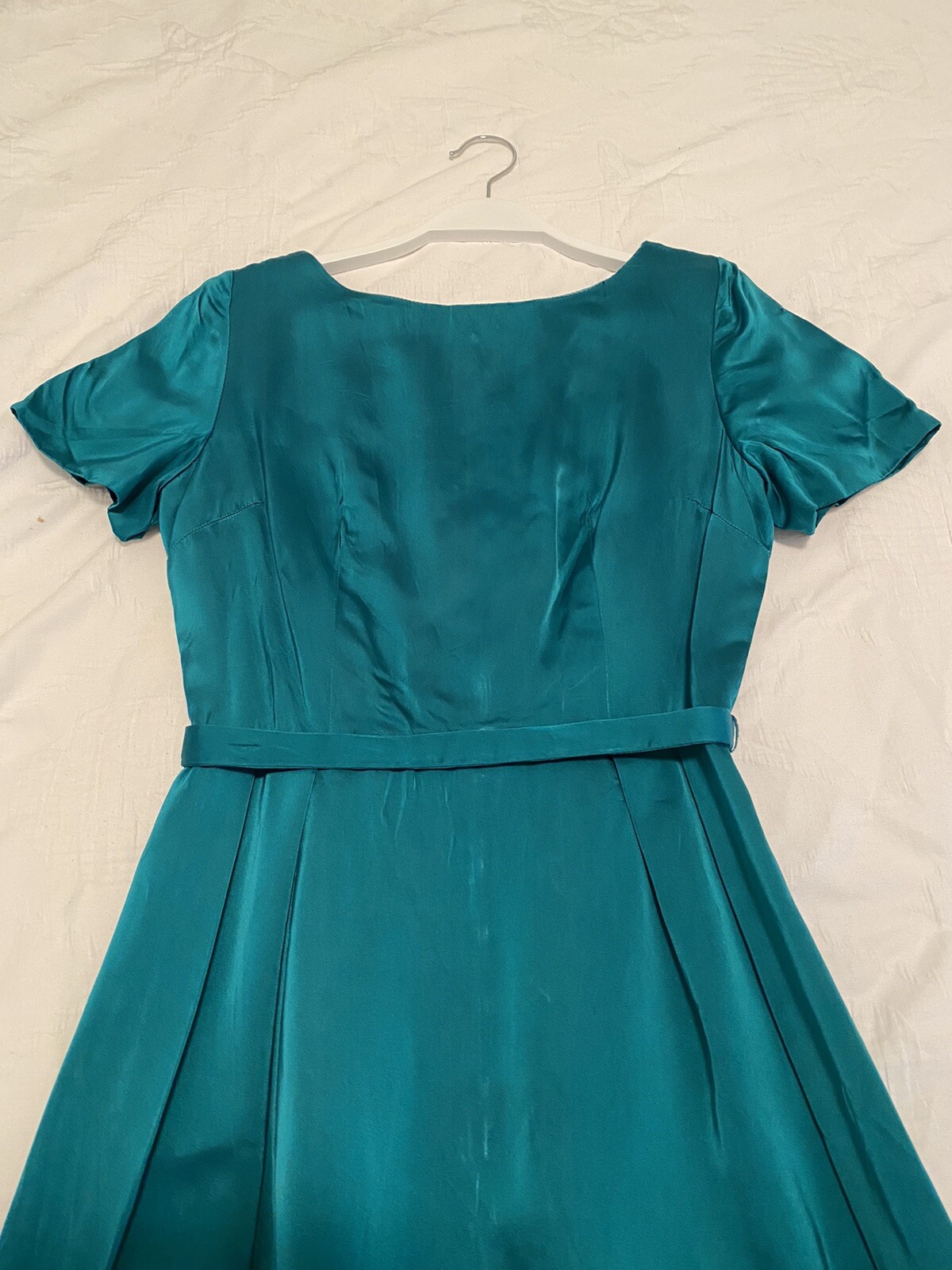 50s 60s VTG Dress Teal AU Sz 8 Satin Short Sleeve Boat Neck Formal Prom A Line