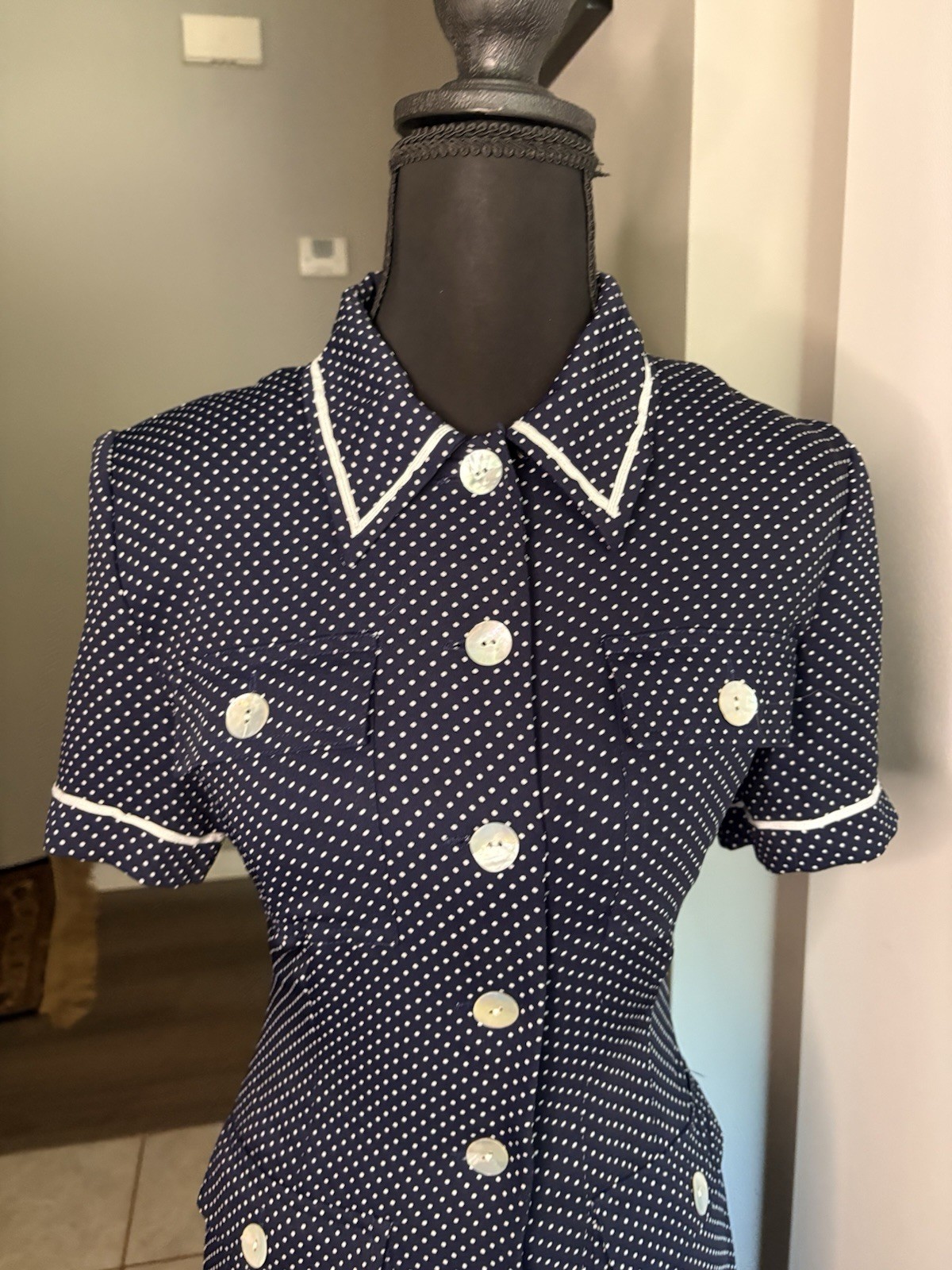 Vintage Navy Polka Dot Front Button Dress W Mother of Pearl Buttons