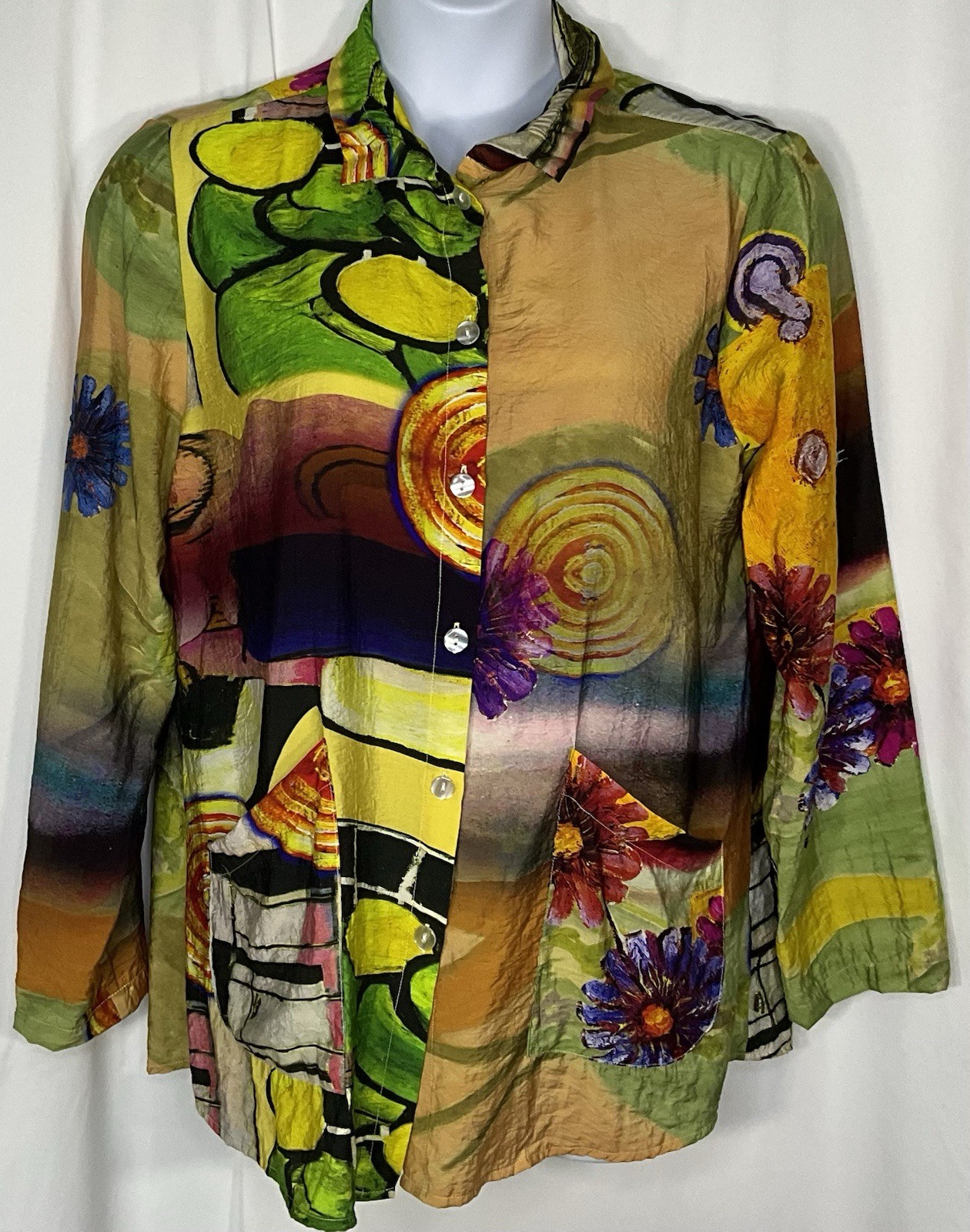 Shana Colorful Artsy Rayon button down Jacket/shirt tunic size XL EUC