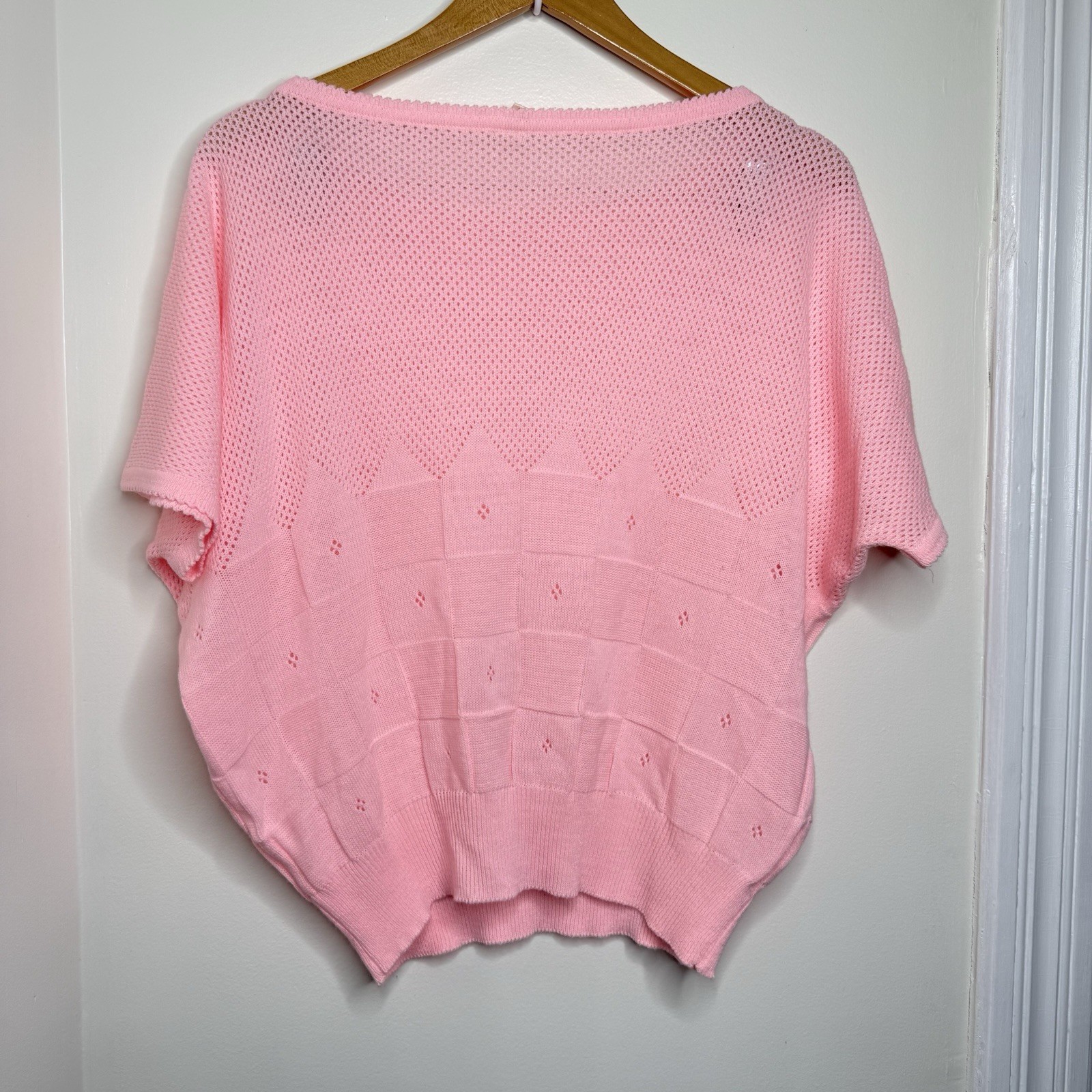 Vintage 80s Pink Lightweight Knit Sweater Women’s Size XL Pointelle Pastel