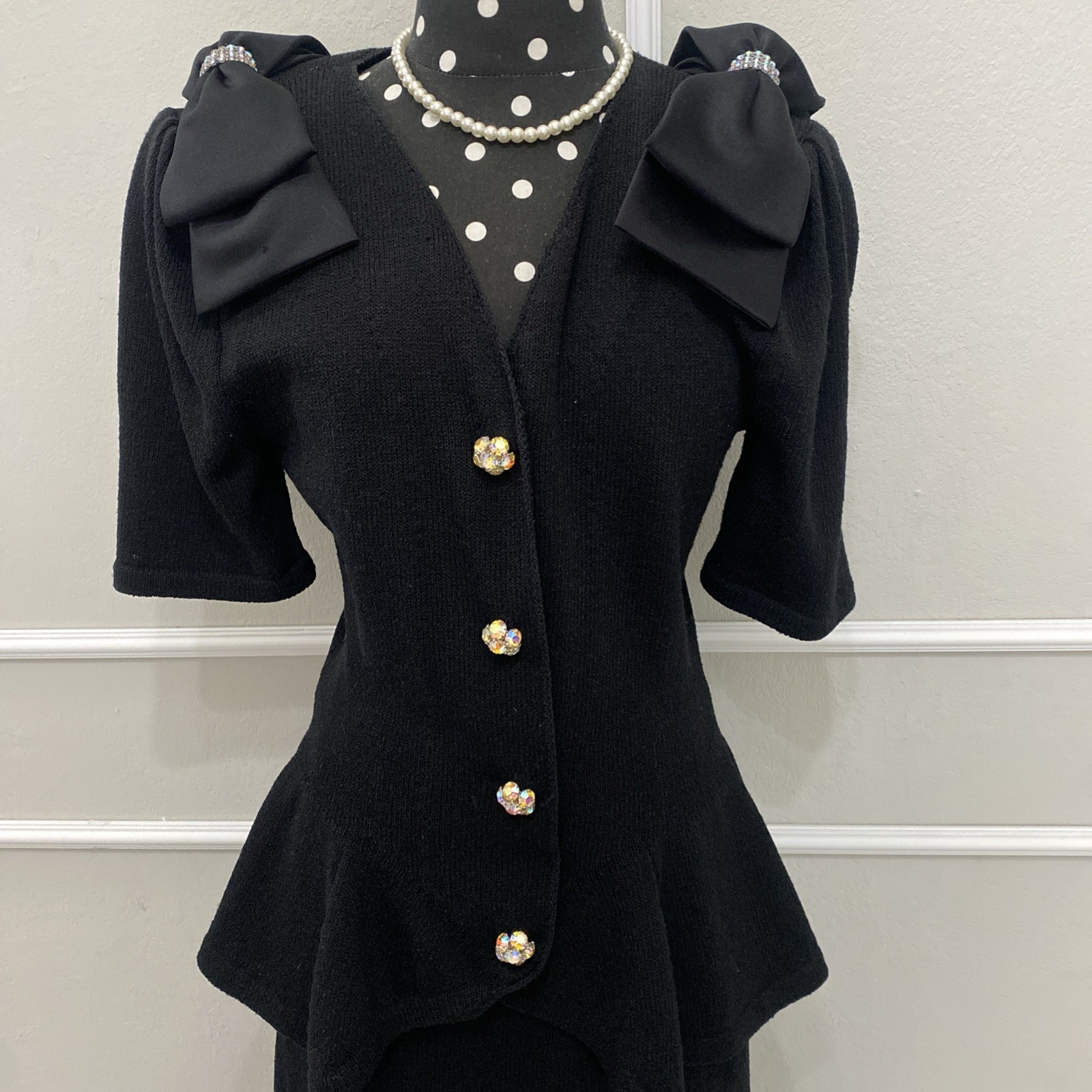 Vintage Adolfo For Saks Fifth Avenue Black Bow Top And Skirt Set Size 4