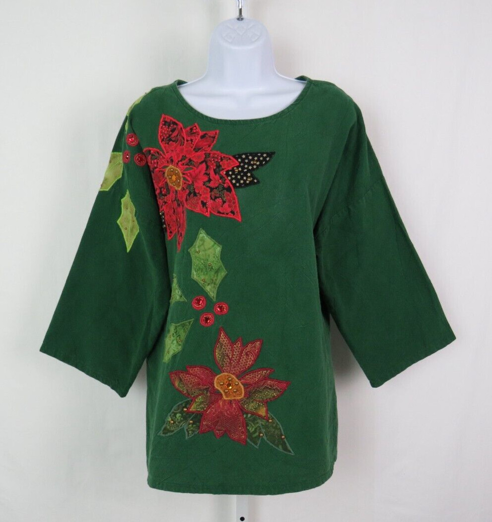 VTG 1970s 80s ALFREDO’S WIFE GREEN COTTON BOHO HIPPIE SMOCK TOP TUNIC POINSETTIA