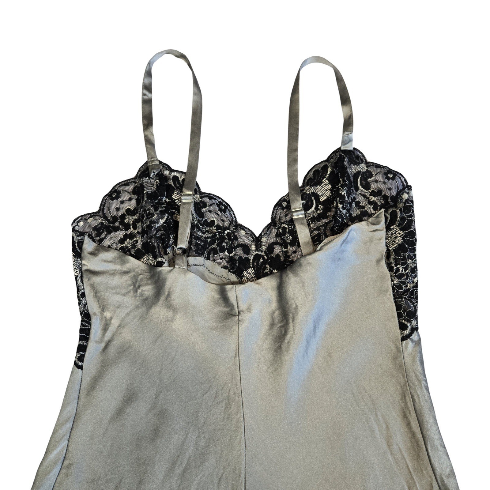VTG 90s gray silk black lace Victorias Secret slip dress lingerie / gold label