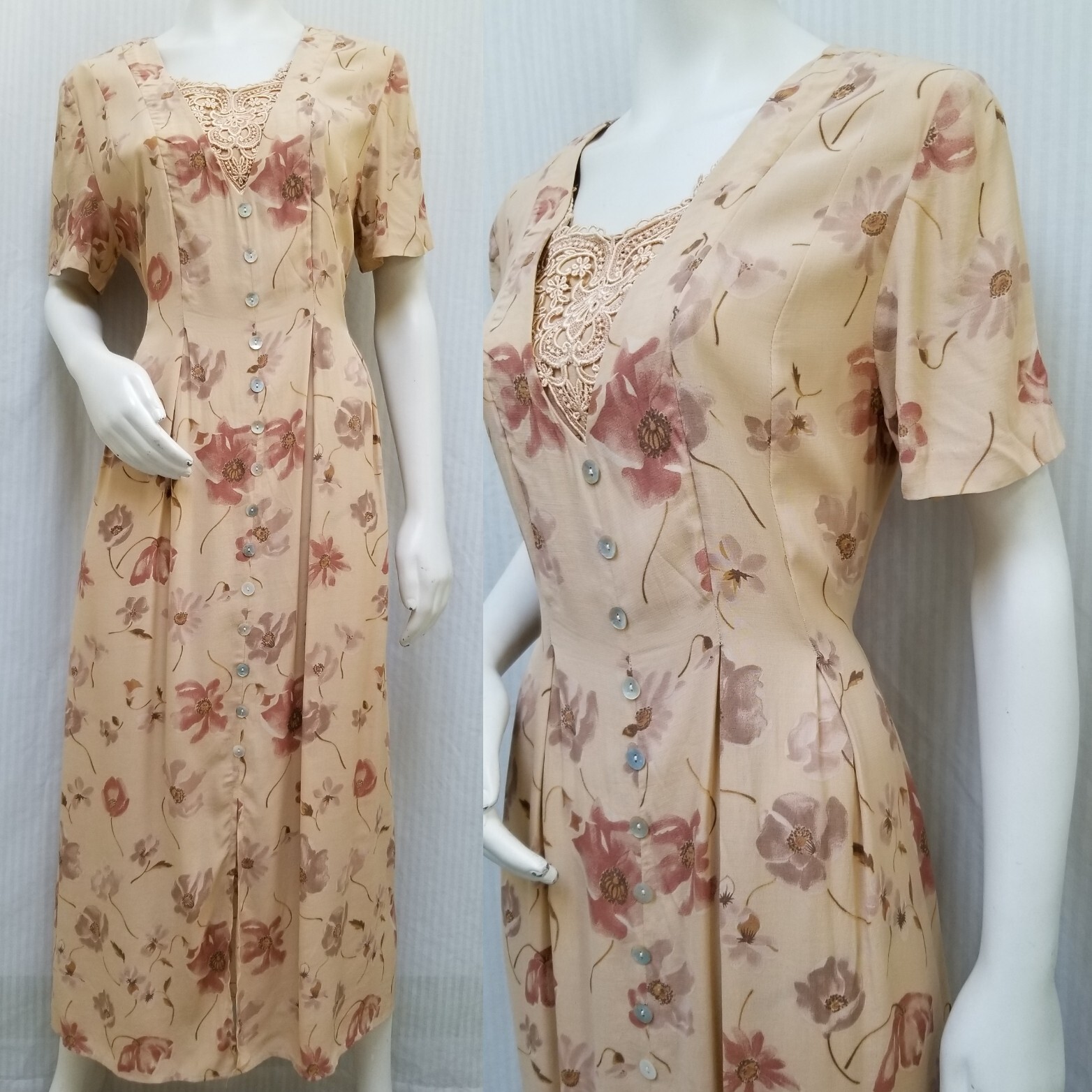 Vintage 1990’s BETSY LAUREN Floral Rayon Tie Back Midi DRESS – Size M/L