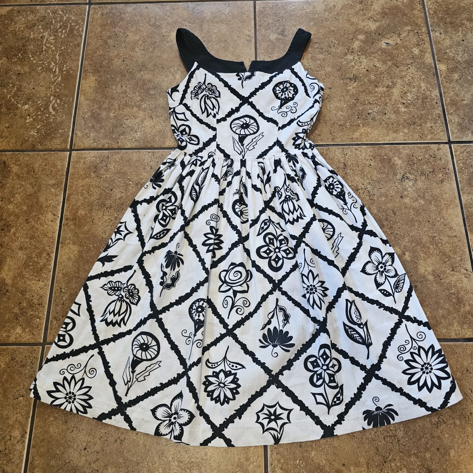Vintage 50s Midi Dress Mod Coquette Brand Black White Sundress Floral Pleated