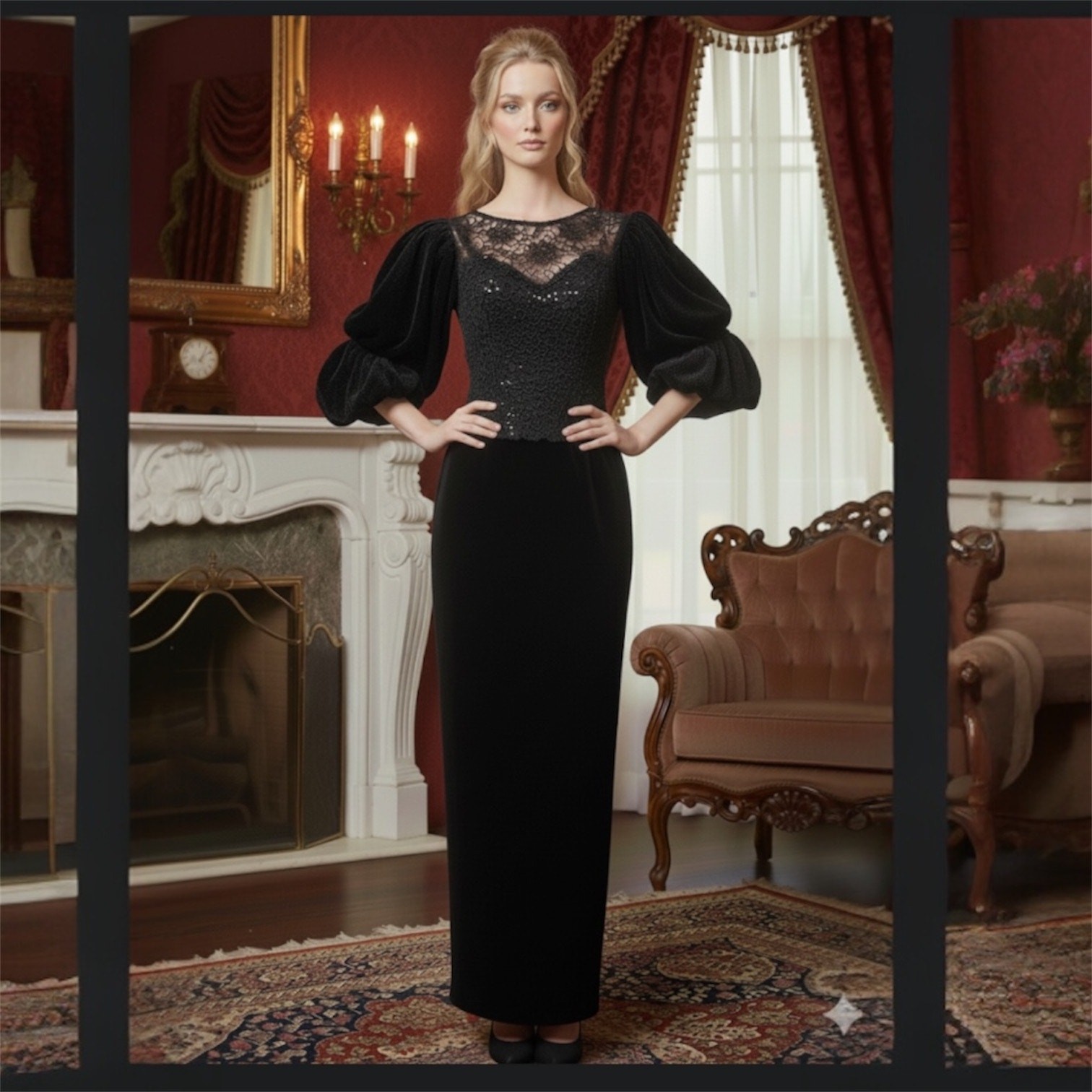 VTG 80s XS Victorian Velvet Lace Puff Sleeve Maxi Gown Whimsigoth Gothic Dress