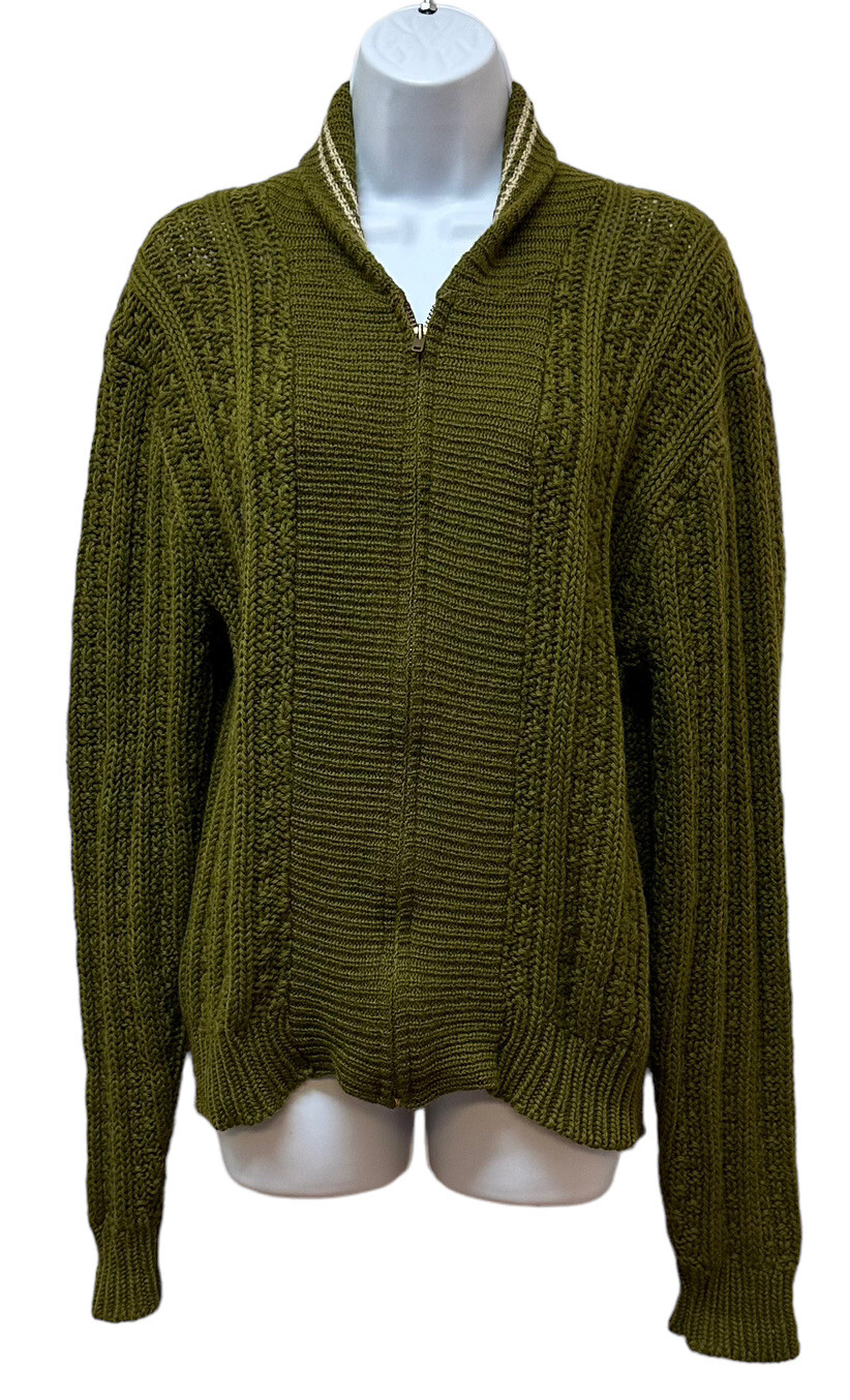 Vintage Chunky Knit Full Zip Front Cardigan Sweater Retro Avocado Fit M/L Unisex