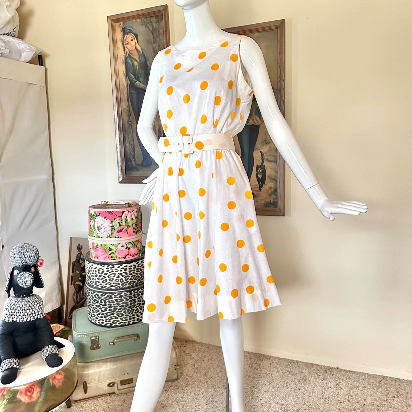 Vintage 1980s Preppy Yellow Polka-dot Skater Circle Mini Dress L Volup