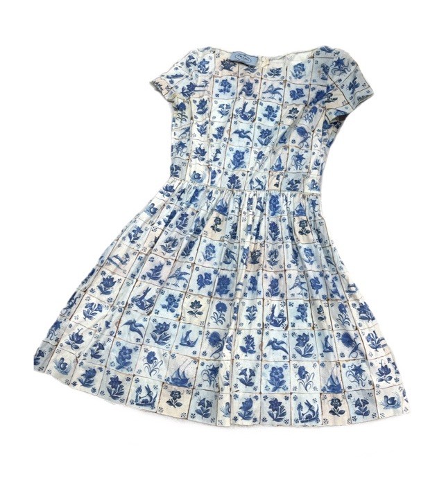 prada delft tile dress 42s italy dutch vintage chinoiserie top skirt mod