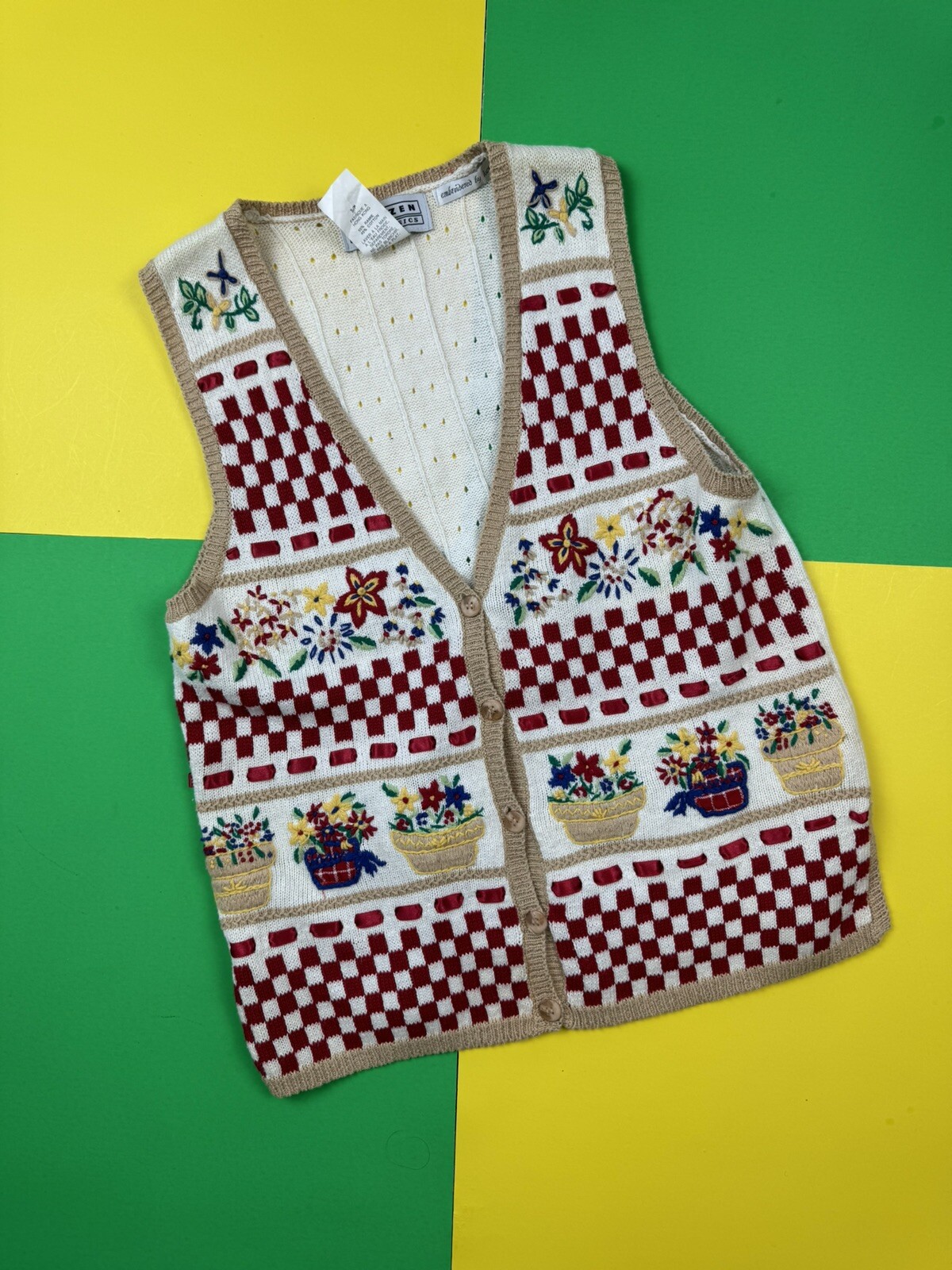 Vintage 80s Sweater Vest Hand-Embroidered Jantzen Flower Baskets Spring Small