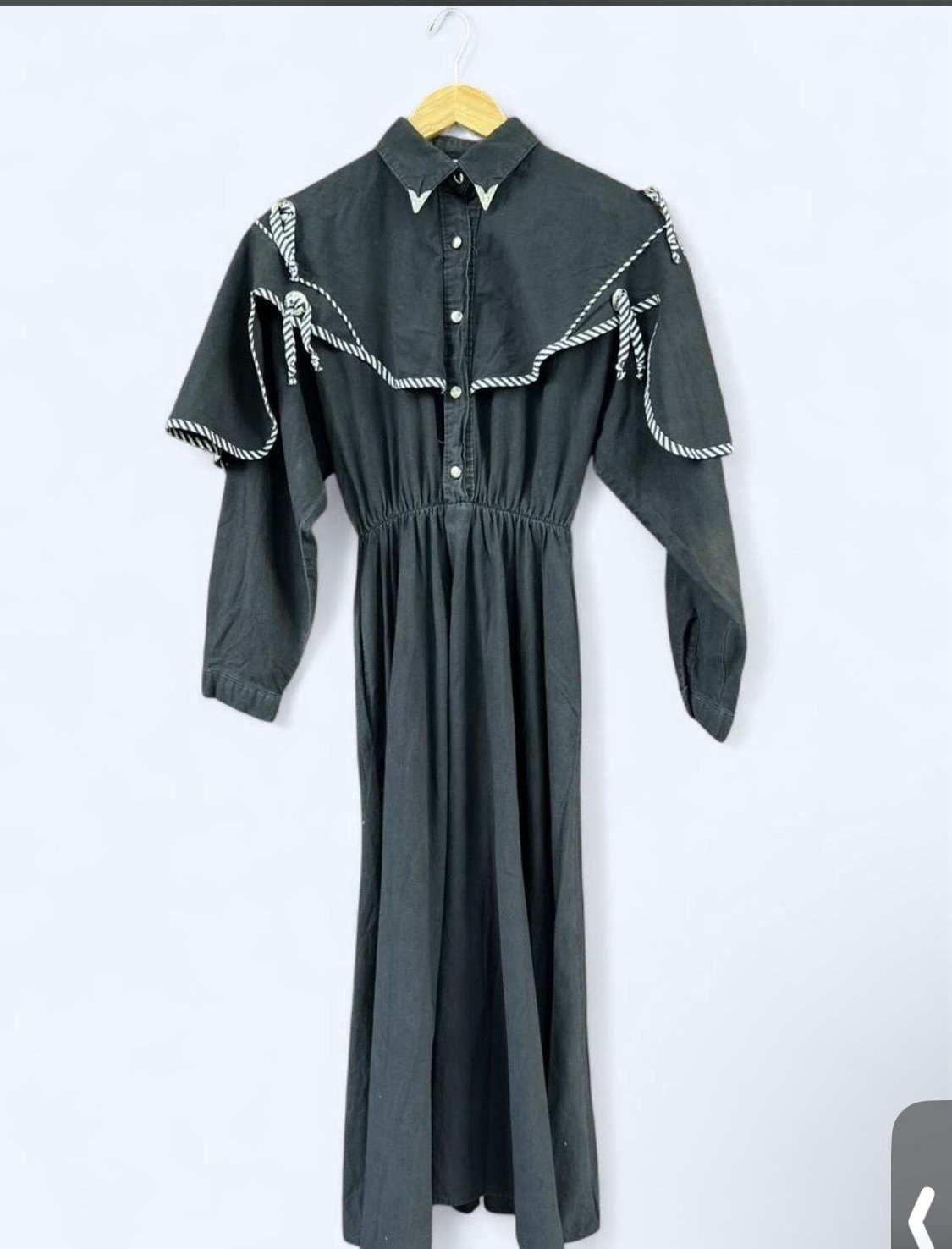 Vintage 70s Goth Western Prairie Midi Dress Black Ruffle Yoke USA Made Small