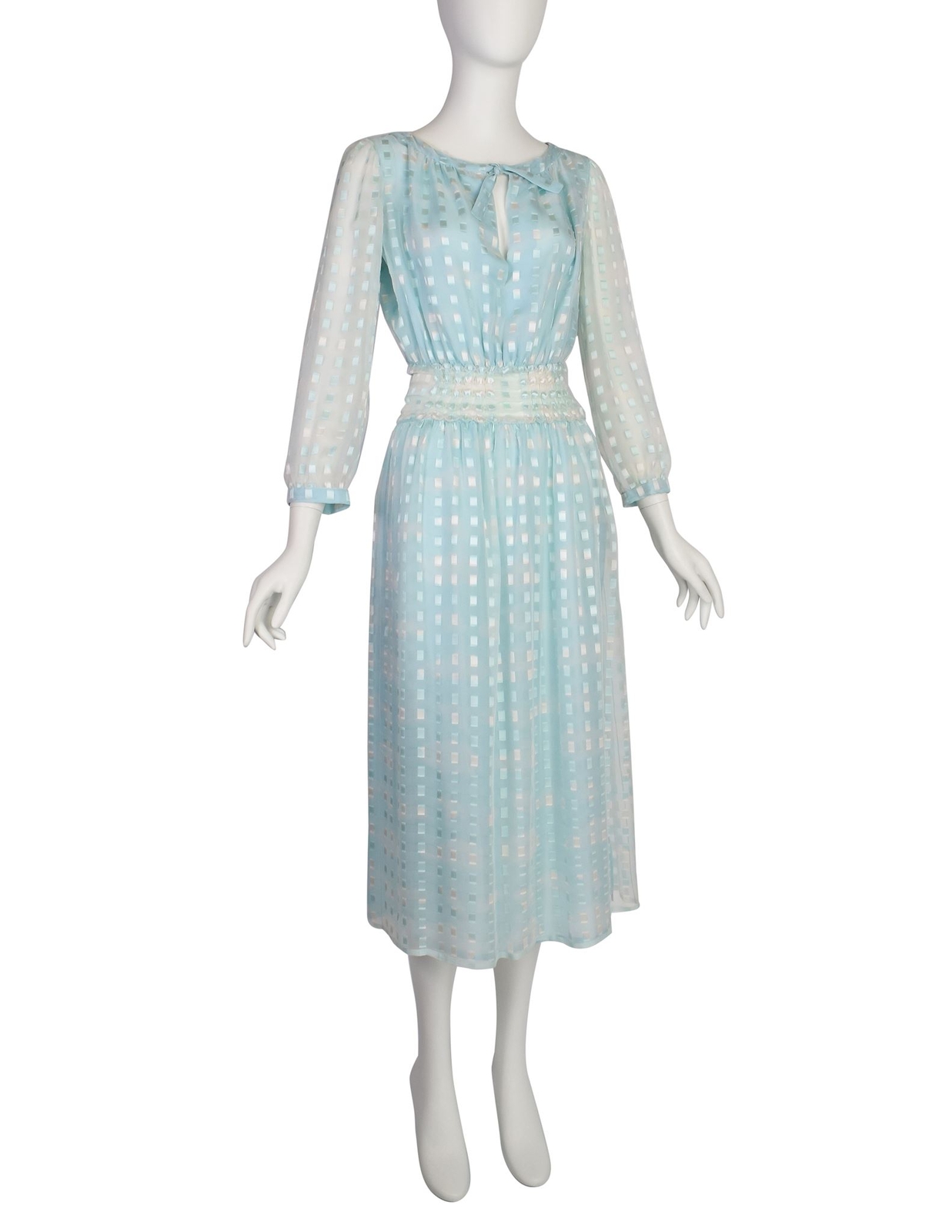 Courreges Vintage 1970s Baby Blue Cloud Print Silk Chiffon Dress and Scarf Ensem