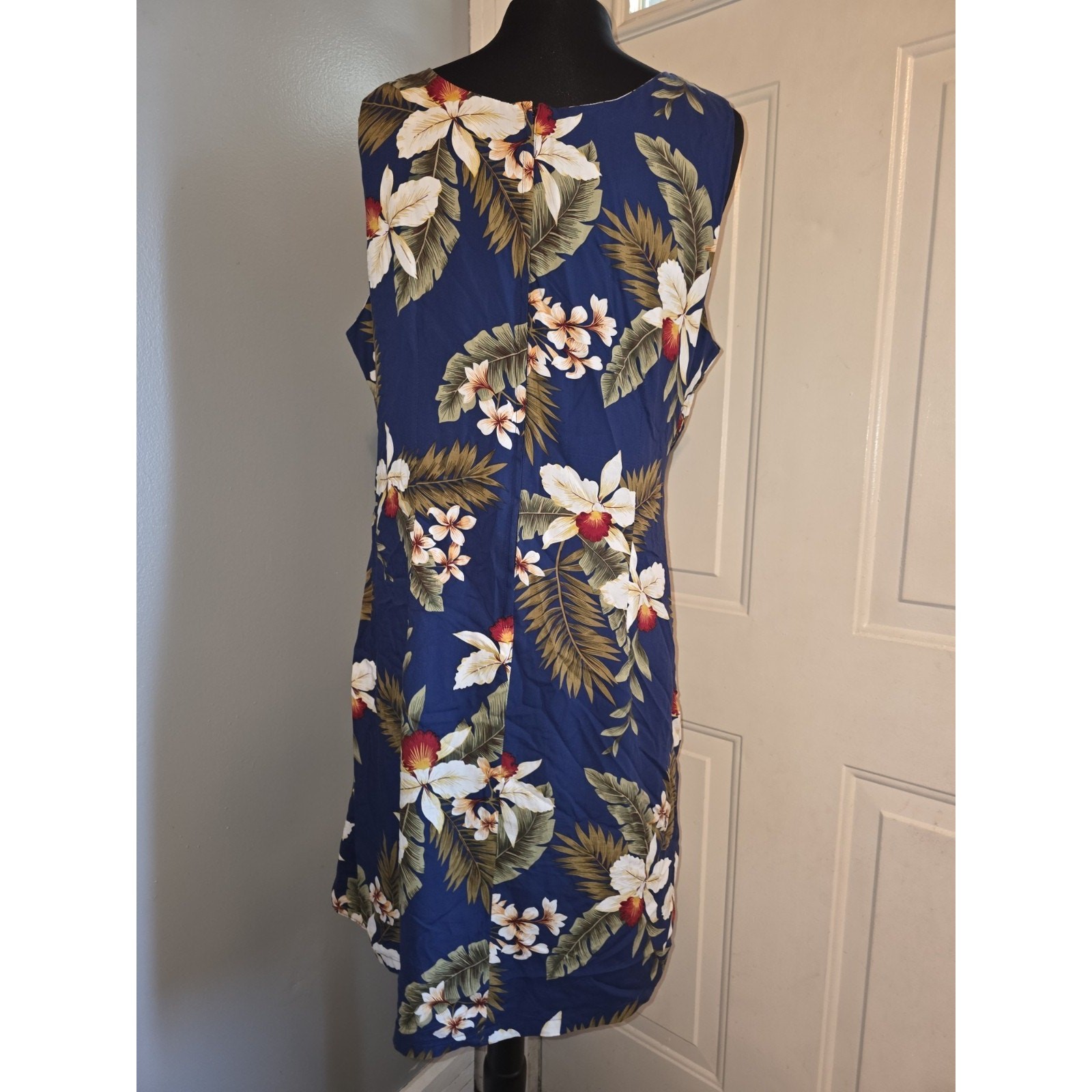 Vtg Two Palms Floral Faux Wrap Dress Hawaii Made Rayon 2XL Resort Wear Blue