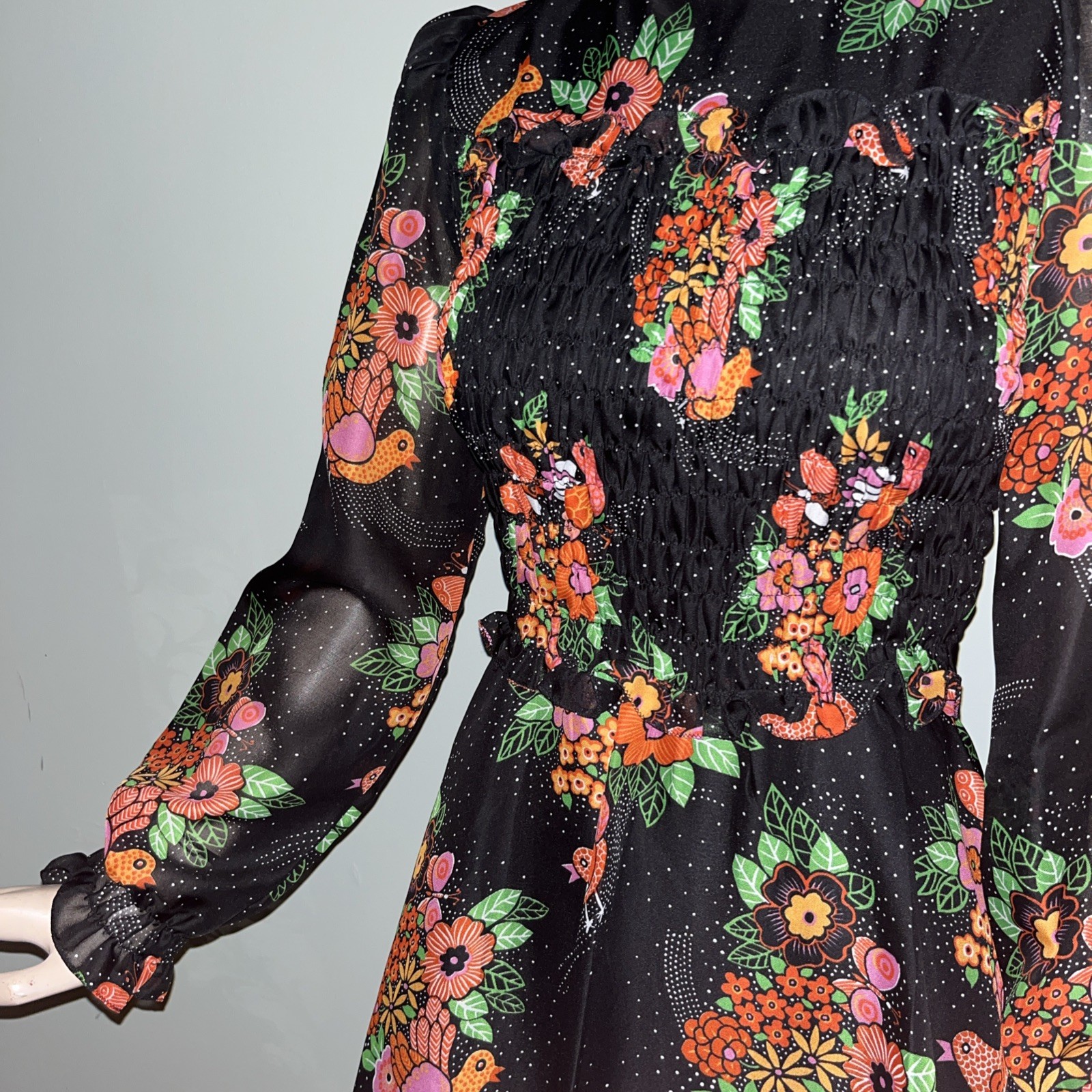 Vintage 70s European Floral Bird Hippie Mod Mini Dress Sheer Puff Sleeve Folk M