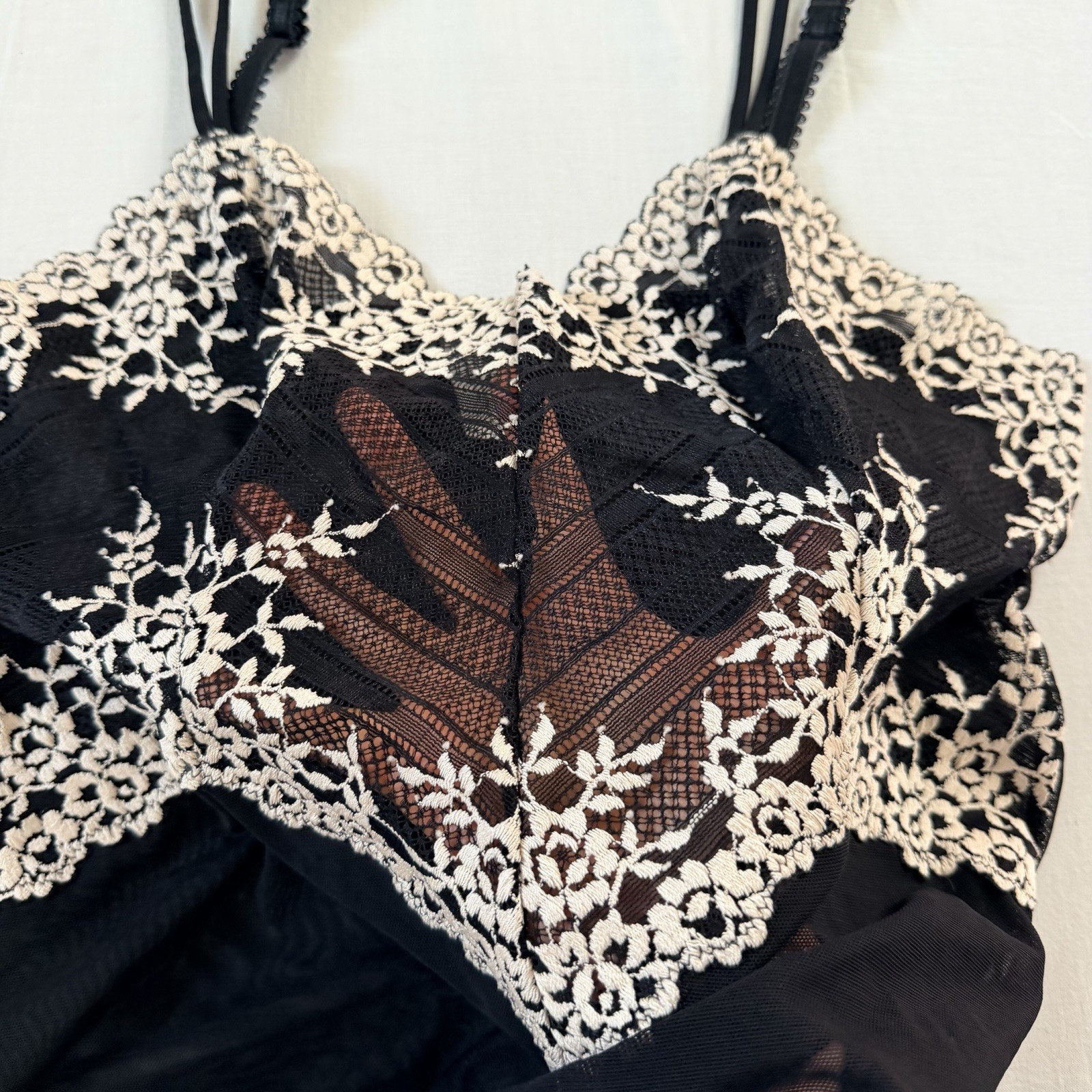 Wacoal L Black Beige Lace Mesh Camisole Sheer Floral Lingerie Top Coquette Fairy