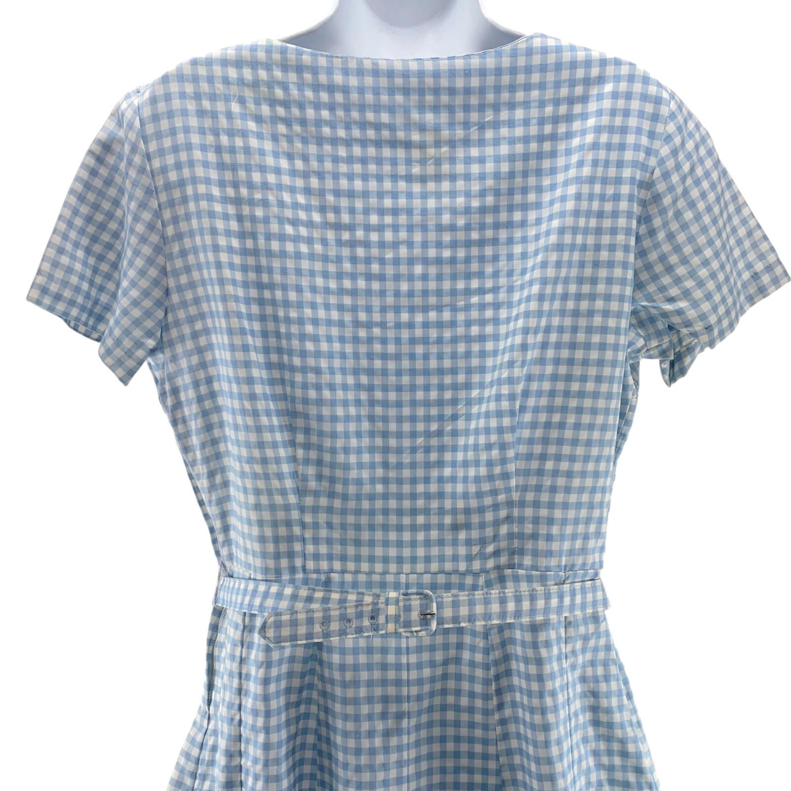Montgomery Ward Vintage Shirtwaist Dress Size 20.5 Blue White Gingham Bow Belt