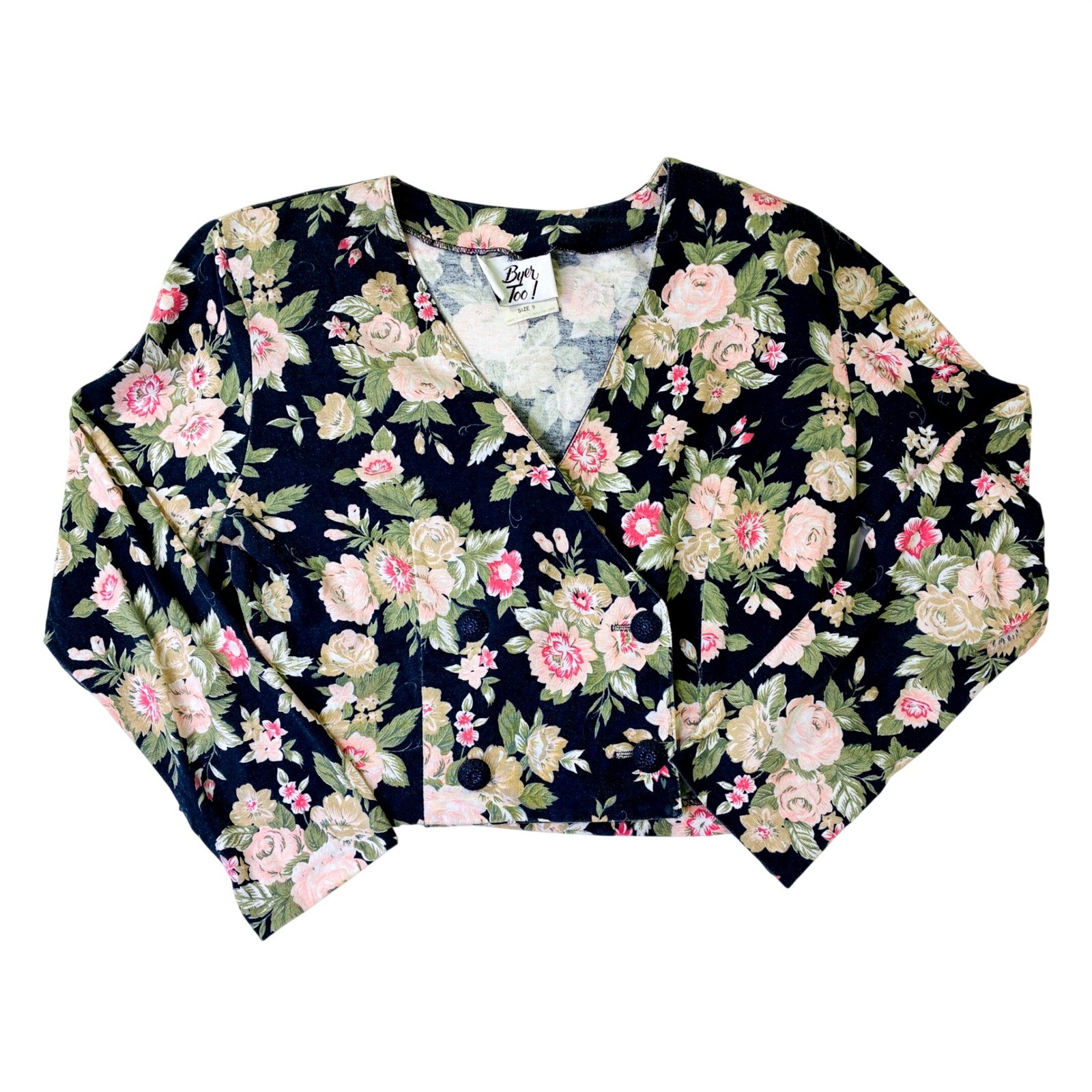 Vintage Byer Too Floral Cropped Jacket Navy Blue Pink 90s Made in USA Size 9