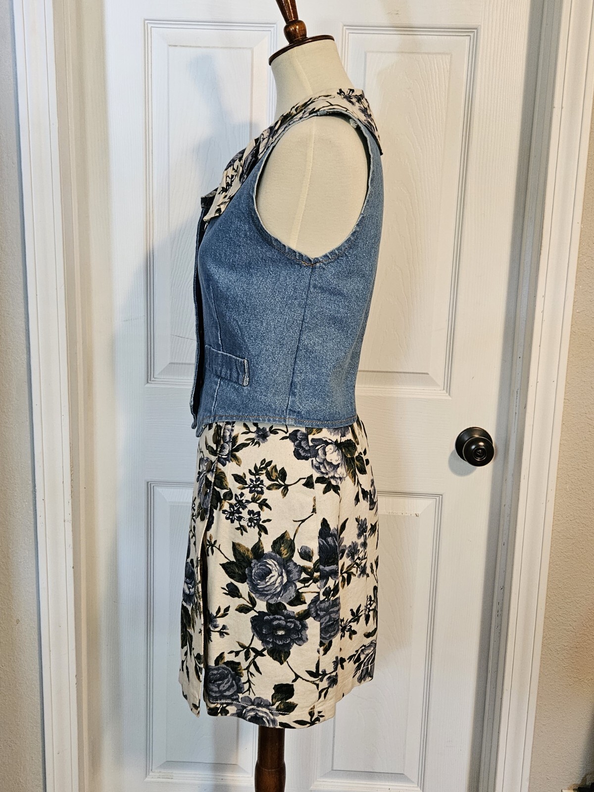 Vintage 90s Denim Skirt Vest Set Size Medium with White And Blue Florals