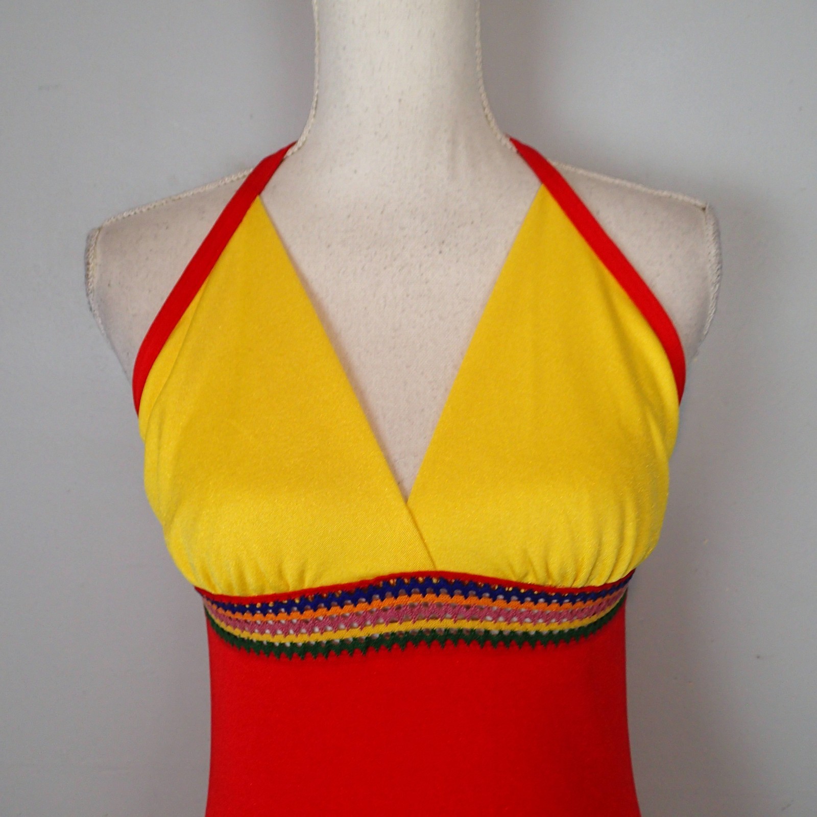 70s Joy Stevens California Halter Dress red yellow Maxi crochet boho sz 5/6