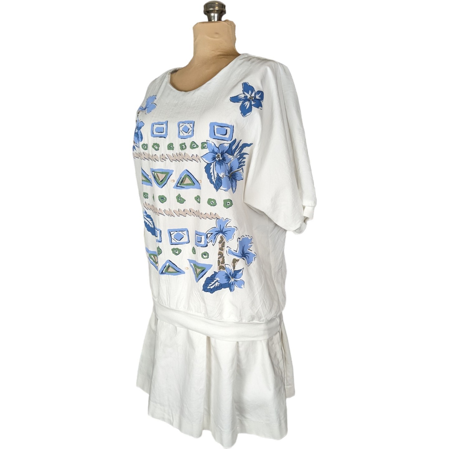 Vtg 80s/90s L/XL White Blue Floral Beaded Banded Waist Top Coastal Granny
