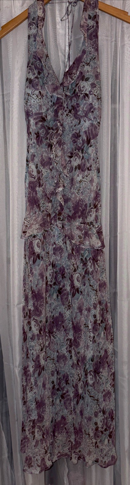 Vintage Y2K 90s Purple 100% Silk Ruffled Halter Dress Sangria Sz 10 Day Evening