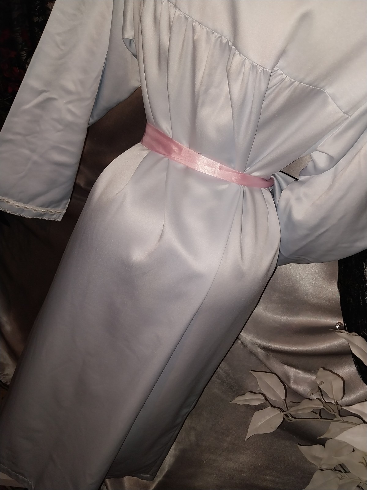 VTG SATIN shiny miss elaine baby blue Anastasia Poets Pullover Robe Nightgown M