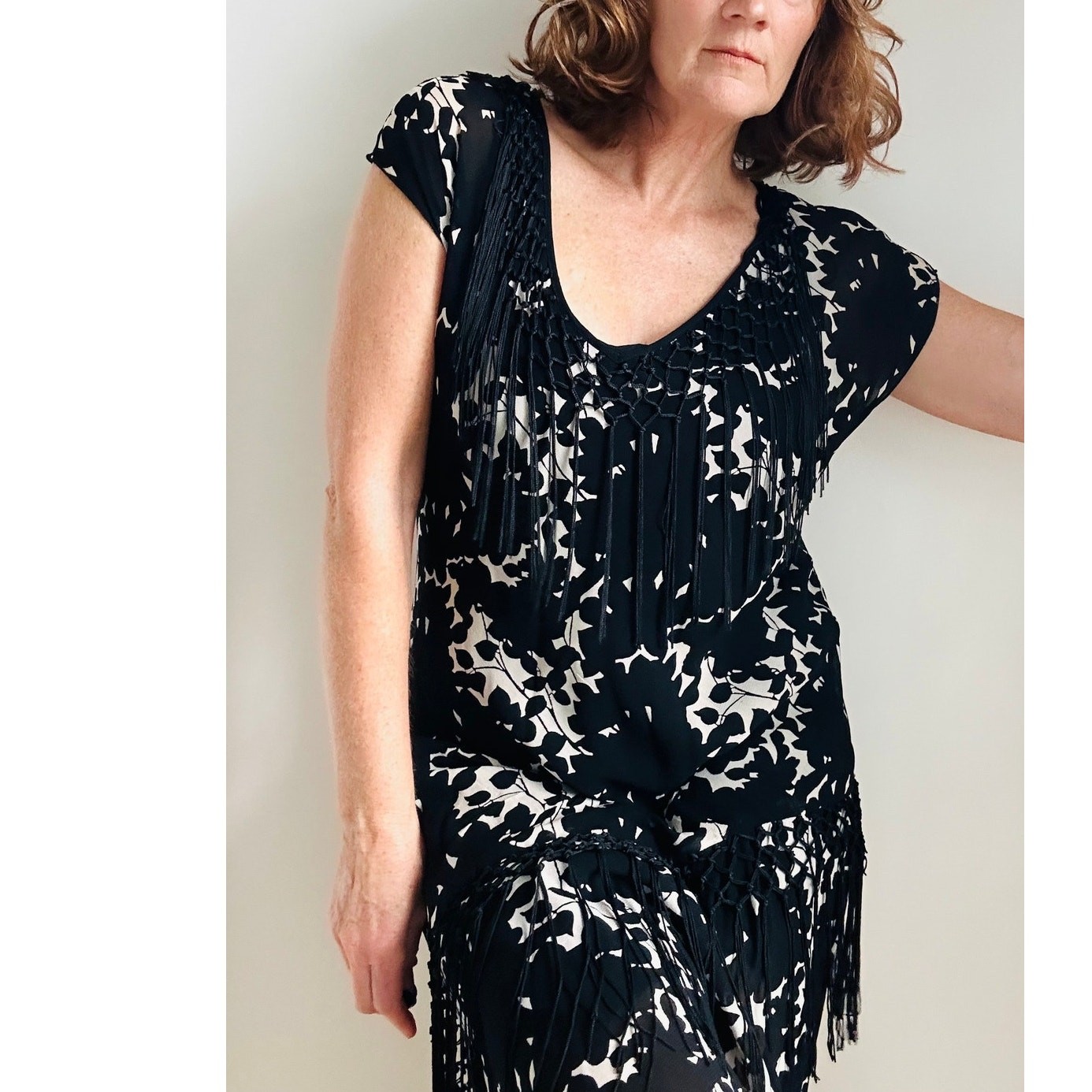 VTG 90s Sheer Black Floral Fringe Neckline Bias Cut Fairy Midi Dress Piano Shaw