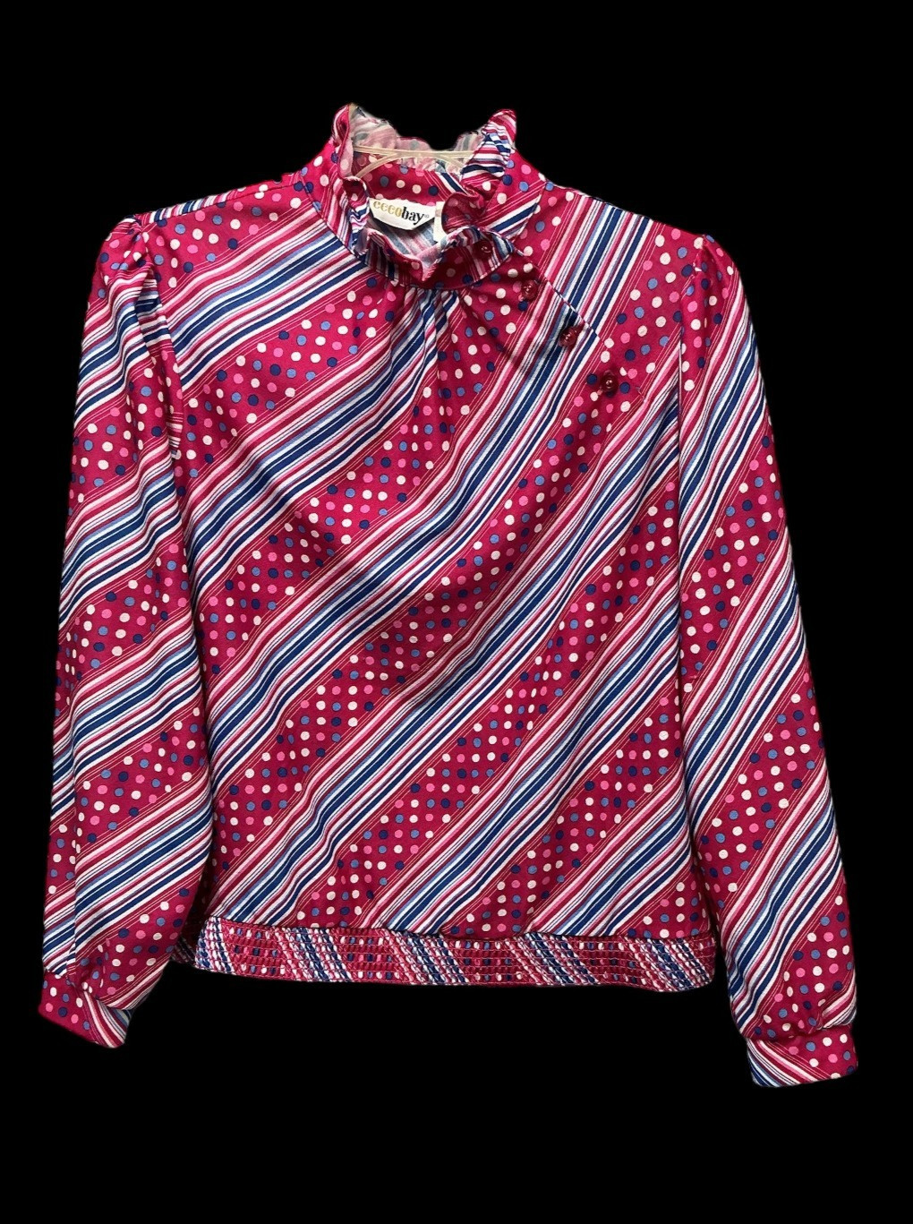 1970s Ecco Bay Ruffle Neck Striped Polyester Polkadot Pink Long Sleeve Blouse