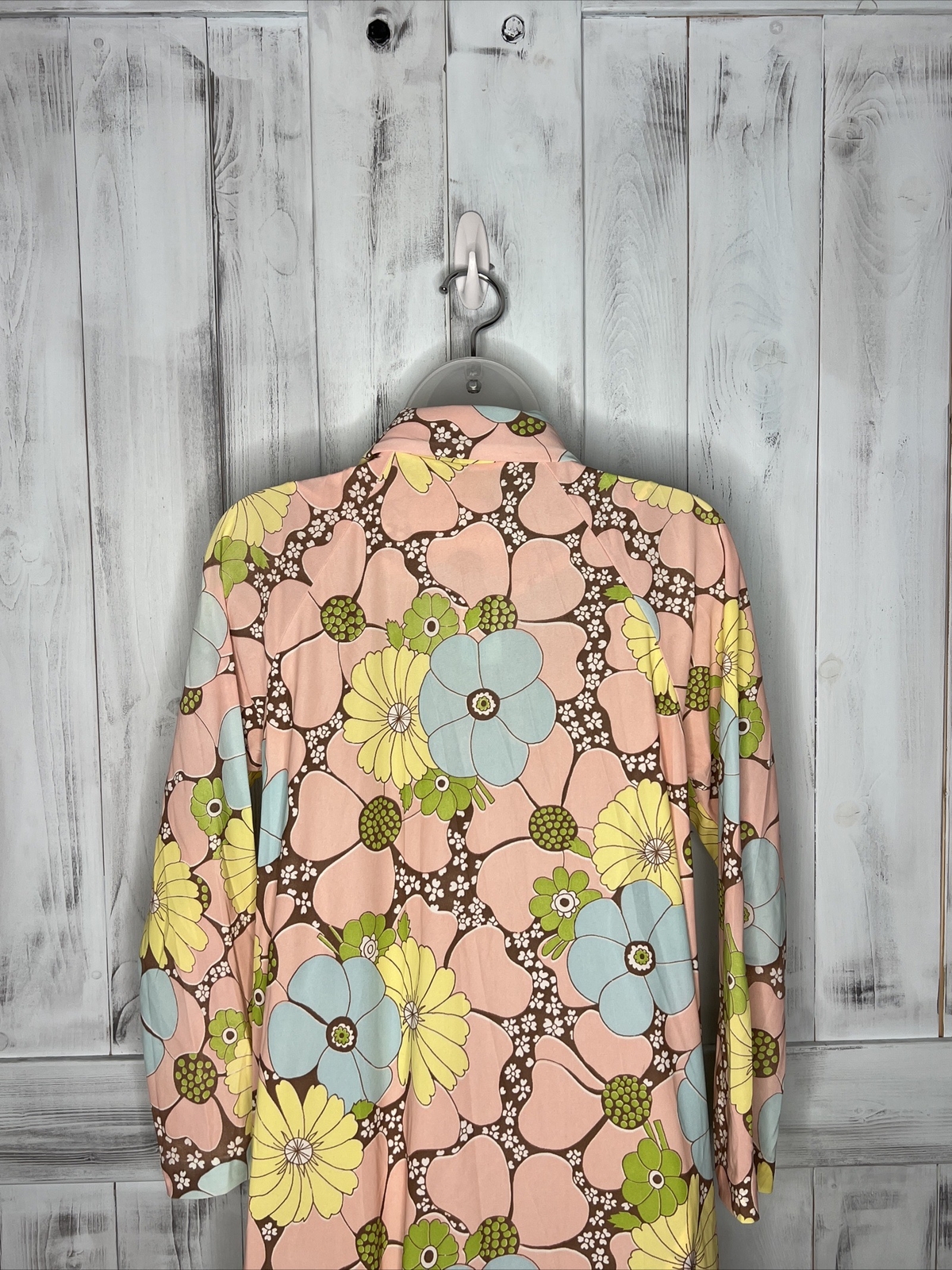 Vintage Leonora Retro Floral 100% Nylon Half Zip Robe Pocket Long Sleeve USA S