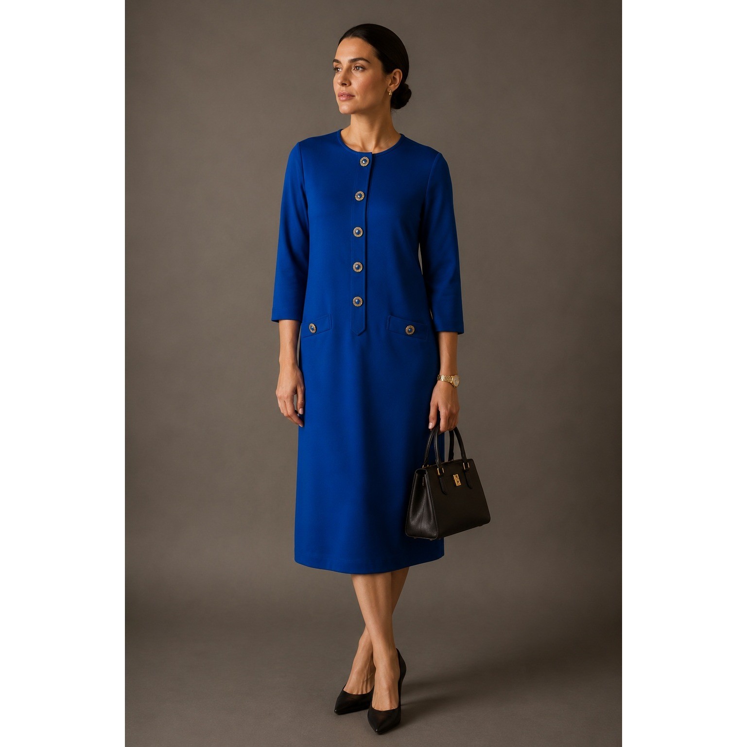 Brownstone Studio Knit Shift Dress Vintage Mod Professional Blue Polyester 14