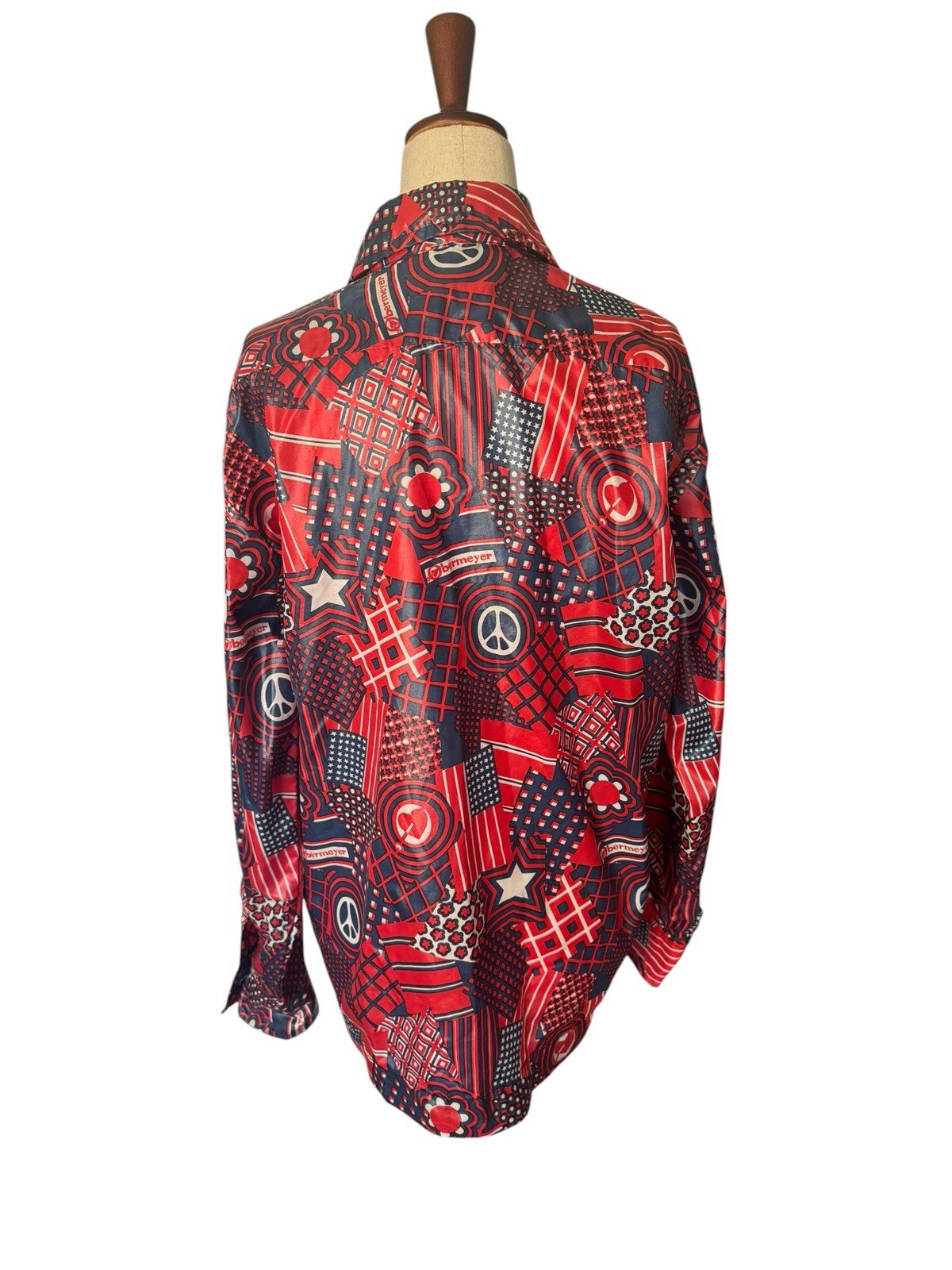 Vintage 70s Obermeyer Wind Shirt Top Red Navy Graphic Novelty Print Peace Flag