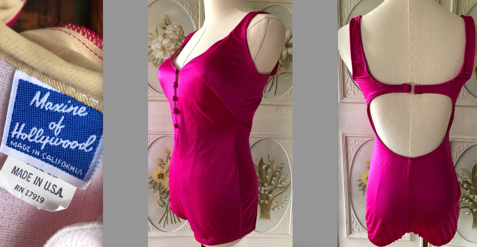 VTG MAXINE HOLLYWOOD FUCHSIA PINK BATHING BEAUTY STRUCTURED SWIM SUIT USA 12 GUC