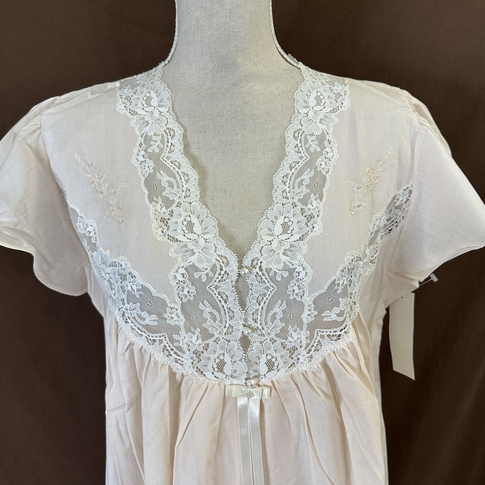 Vtg 80’s Lindsey Blake Cotton Blend Pink Puff Sleeve Lace Victorian Nightgown L