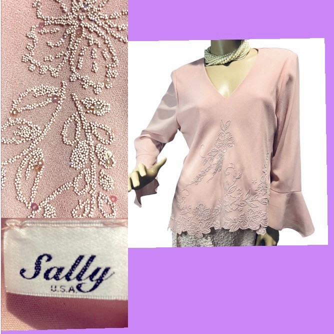 Vintage SALLY Floral Beaded Sequined Top Blouse L
